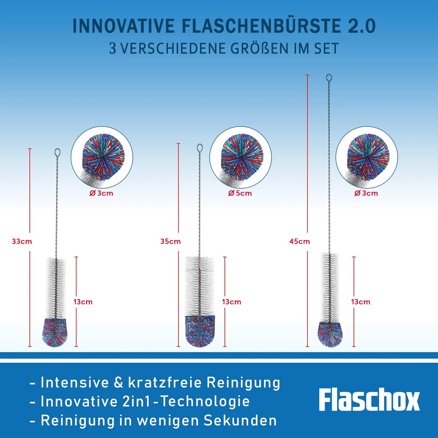FLASCHOX Premium Flaschenbürste 3er Set I Verbessertes Konzept 2023 I Reinigungsbürste kratzerfrei reinigender Wollkopf I Flaschenreiniger Glasflasche I 3X Glasbürste versch. Größe - Image 3