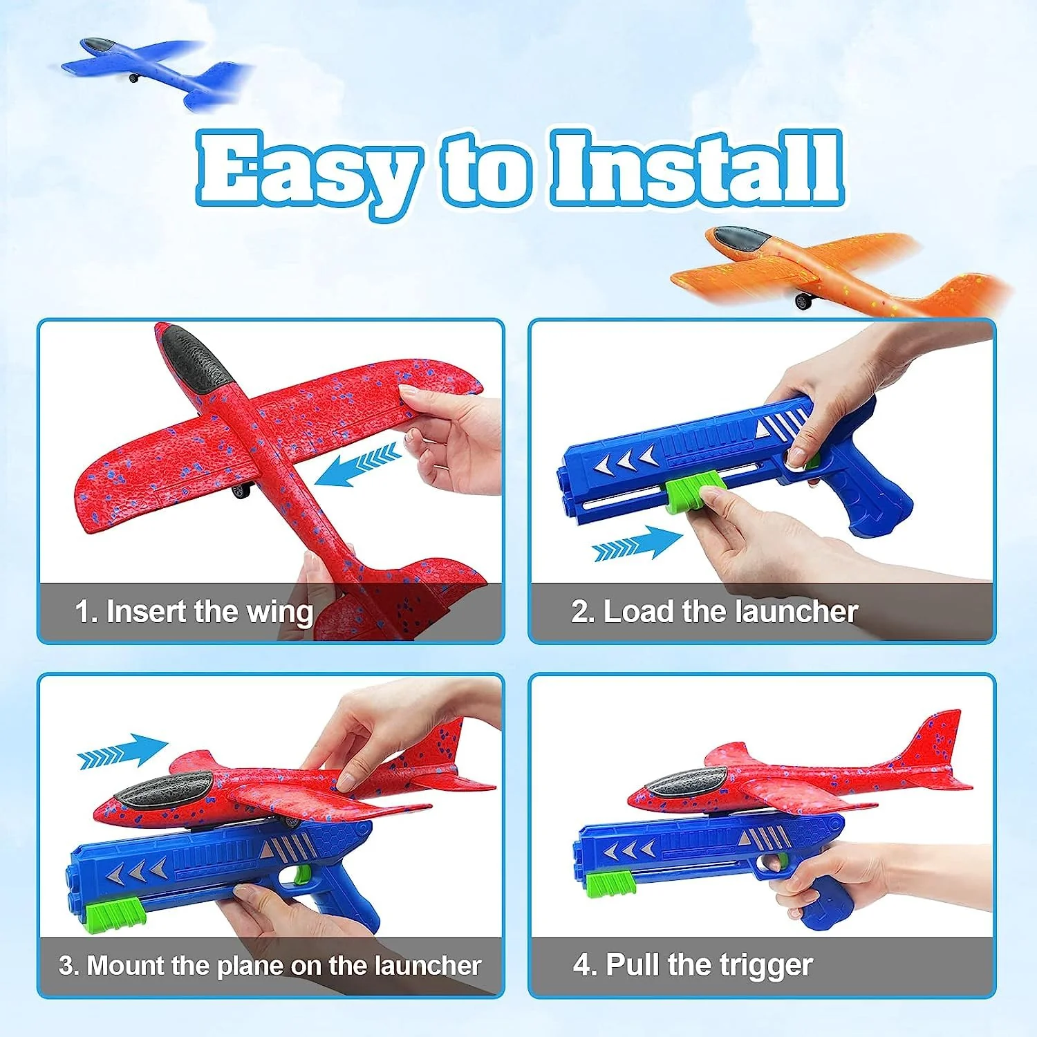 Flugzeug Spielzeug, Kinder Schaum Flugzeug Segelflugzeug, Styroporflieger Wurfgleiter Katapult Kinderspielzeug Pistole mit 4 Schaum Flieger,Outdoor Sport Spielzeug Geschenk für Jungen Mädchen (blue) - Image 6