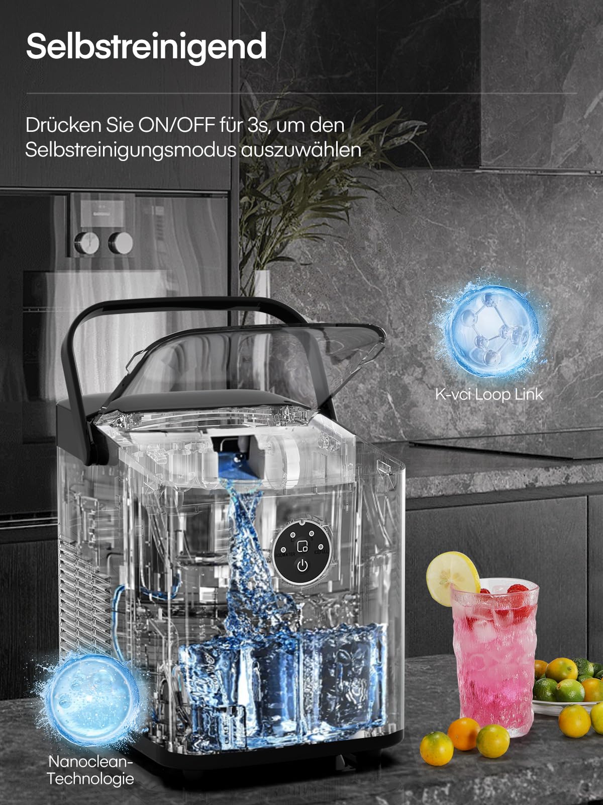 FOHERE Eiswürfelmaschine 14kg 24 Stunden, Eiswürfel in 5 Min, 2 Größen von Bullet Ice, Selbstreinigender Eiswürfelbereiter mit Griff, Eisschaufel u. Korb, Ice Maker für Party Büro RV (Rosa) - Image 6