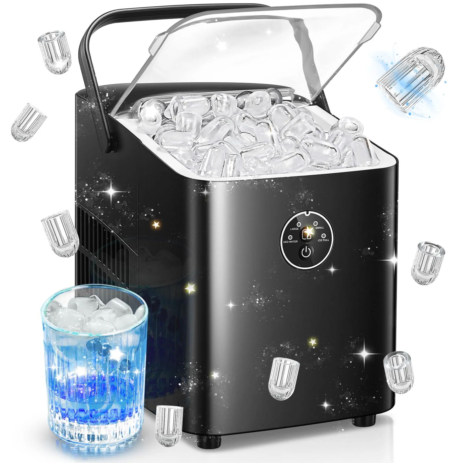 FOHERE Eiswürfelmaschine Klein, 14 kg 24 Stunden, Eiswürfel in 6 Minuten, 2 Größen von Bullet Ice, Selbstreinigende Ice Maker mit Griff, Eisschaufel u. Korb, Eiswürfelbereiter für Party, Büro, RV - Image 3