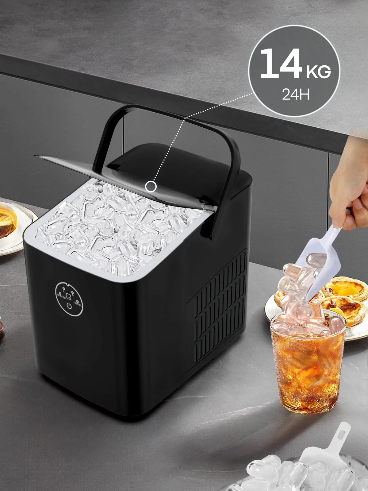 FOHERE Eiswürfelmaschine Klein, 14 kg 24 Stunden, Eiswürfel in 6 Minuten, 2 Größen von Bullet Ice, Selbstreinigende Ice Maker mit Griff, Eisschaufel u. Korb, Eiswürfelbereiter für Party, Büro, RV - Image 8