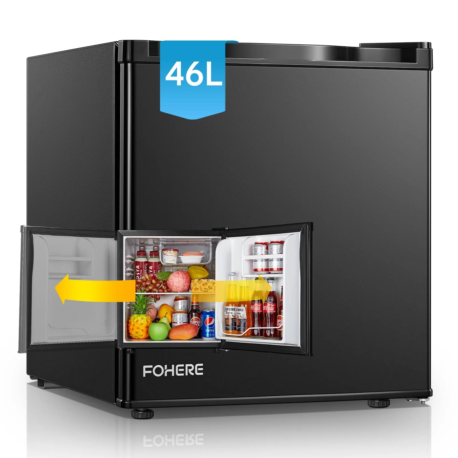 FOHERE Mini Kühlschrank 46L mit Eisfach | Kühlschrank Klein | Temperaturregelung, Energiesparend, Leise | Getränkekühlschrank Ideal für Büro, Camping und Gaming |Wechselbarer Türanschlag | Schwarz - Image 8