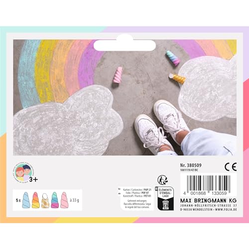 folia 380509 - Einhorn Straßenmalkreide für Kinder, 5 Stück in Regenbogenfarben, Unicorn Kreide im Horn-Design - Image 3