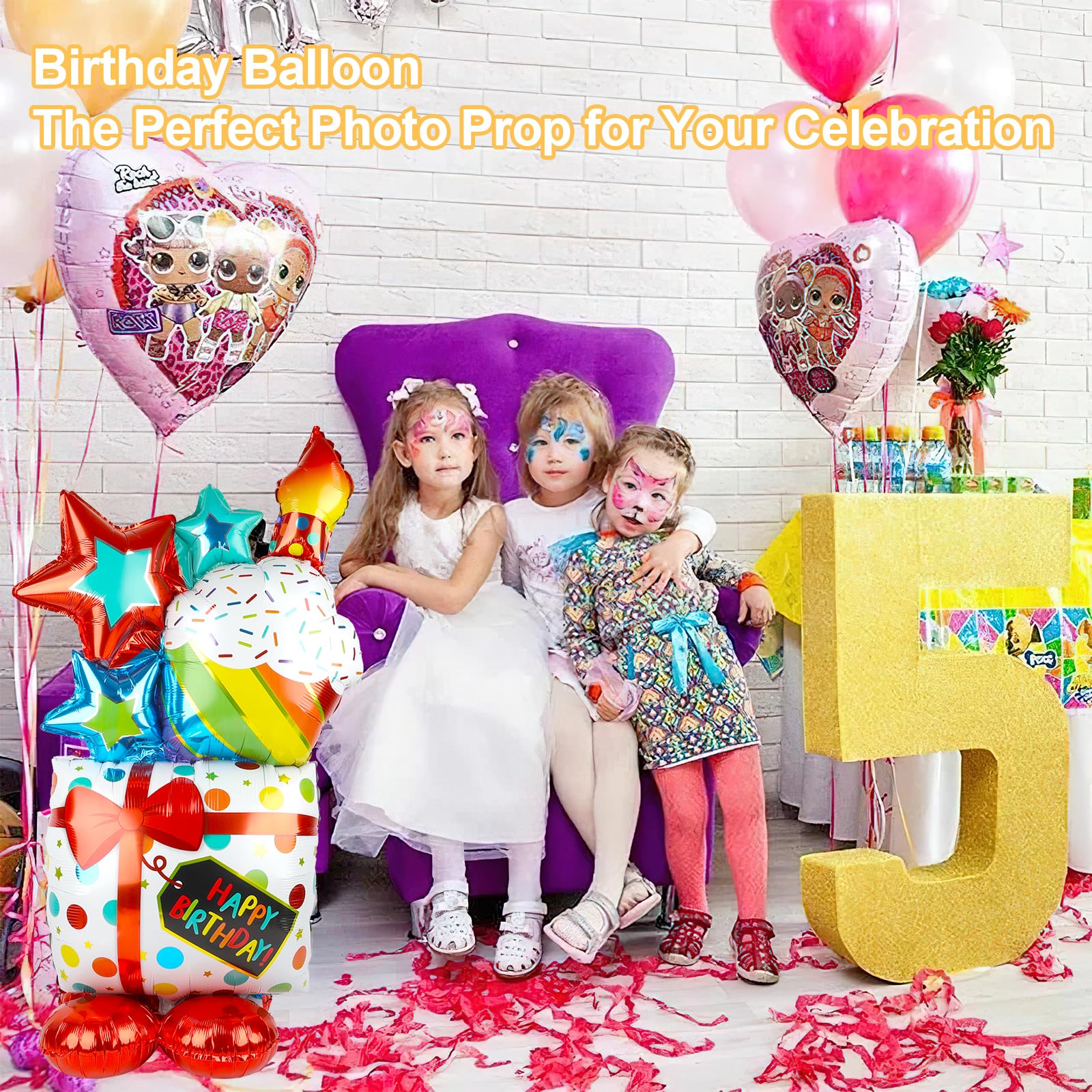 Folienballon Geburtstag XXL, 2 Stück Luftballon Geburtstag mit Stehenden Luftballon in Torten- & Geschenkform, Folienballon Happy Birthday für Kindergeburtstag, Partydeko Jungen & Mädchen, Erwachsene - Image 2