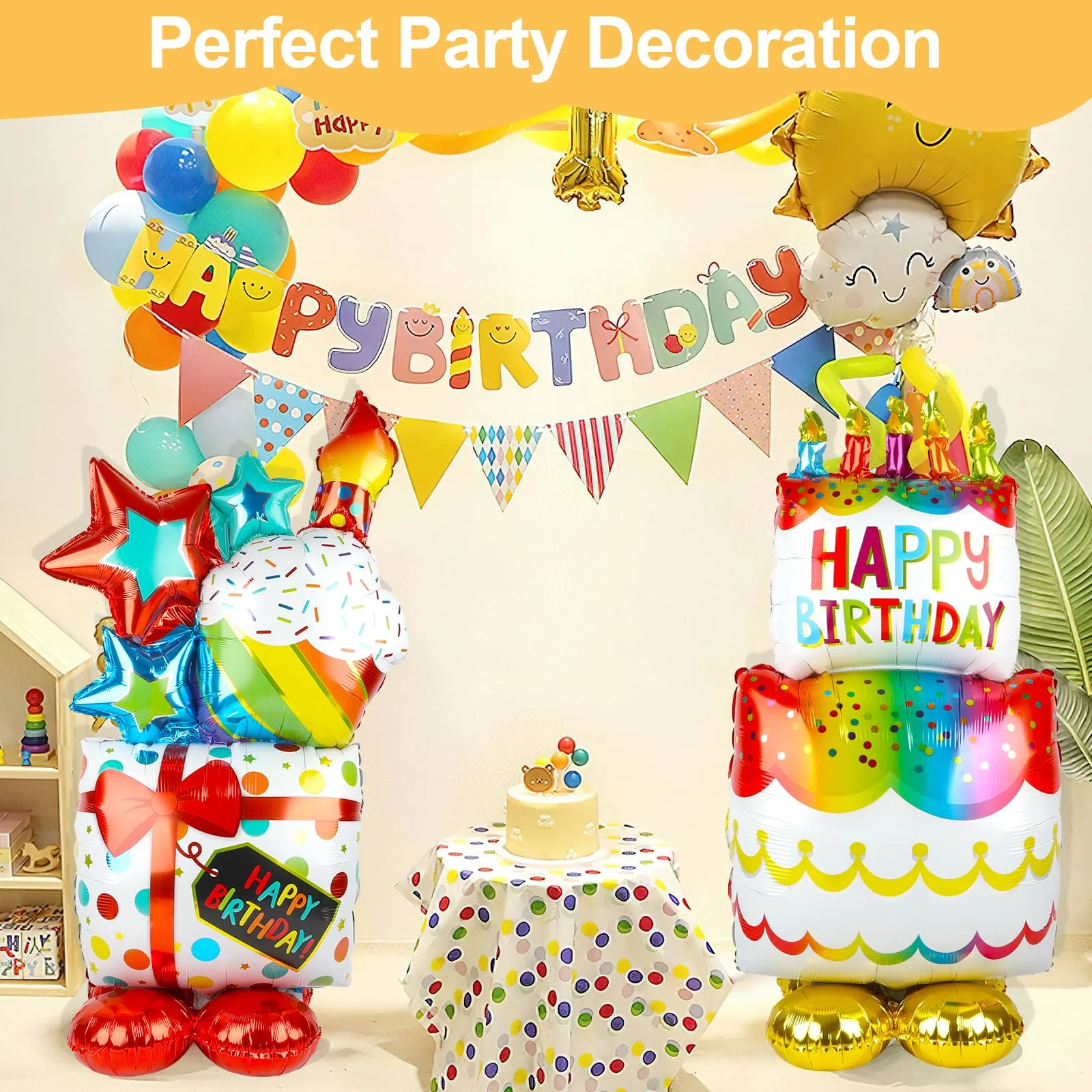 Folienballon Geburtstag XXL, 2 Stück Luftballon Geburtstag mit Stehenden Luftballon in Torten- & Geschenkform, Folienballon Happy Birthday für Kindergeburtstag, Partydeko Jungen & Mädchen, Erwachsene - Image 4
