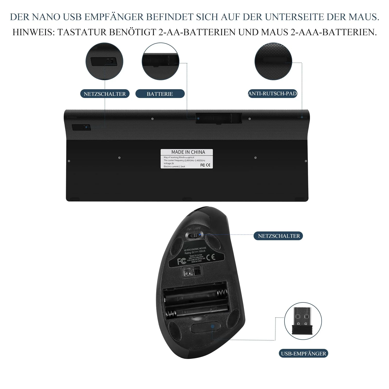 Fonicer 2,4 GHz Kabellose Vertikale Ergonomische Maus und Tastatur Combo Ultradünne tragbare Größe für PC Desktop Computer Laptop Mac Tablet, Black - Image 3
