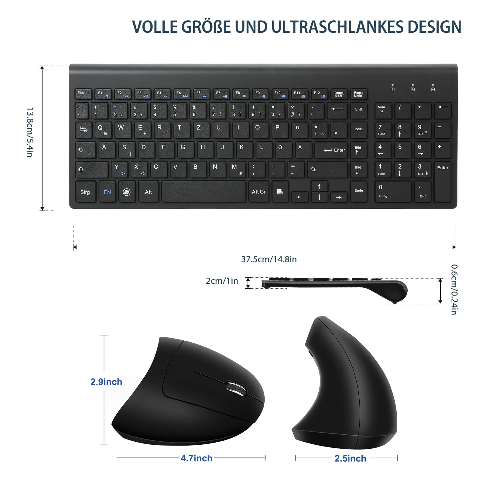 Fonicer 2,4 GHz Kabellose Vertikale Ergonomische Maus und Tastatur Combo Ultradünne tragbare Größe für PC Desktop Computer Laptop Mac Tablet, Black - Image 7