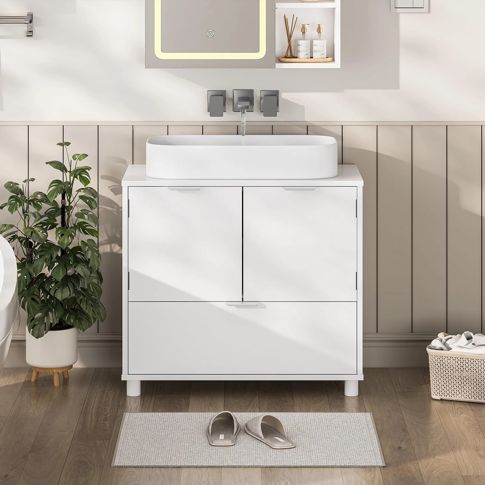 FORABAMB Waschbeckenunterschrank, Badezimmerschrank mit 2 Türen, große Schublade, viel Stauraum, Badezimmer Unterschrank Waschtischunterschrank Badschrank weiß,30 x 60 x 60 cm - Image 3