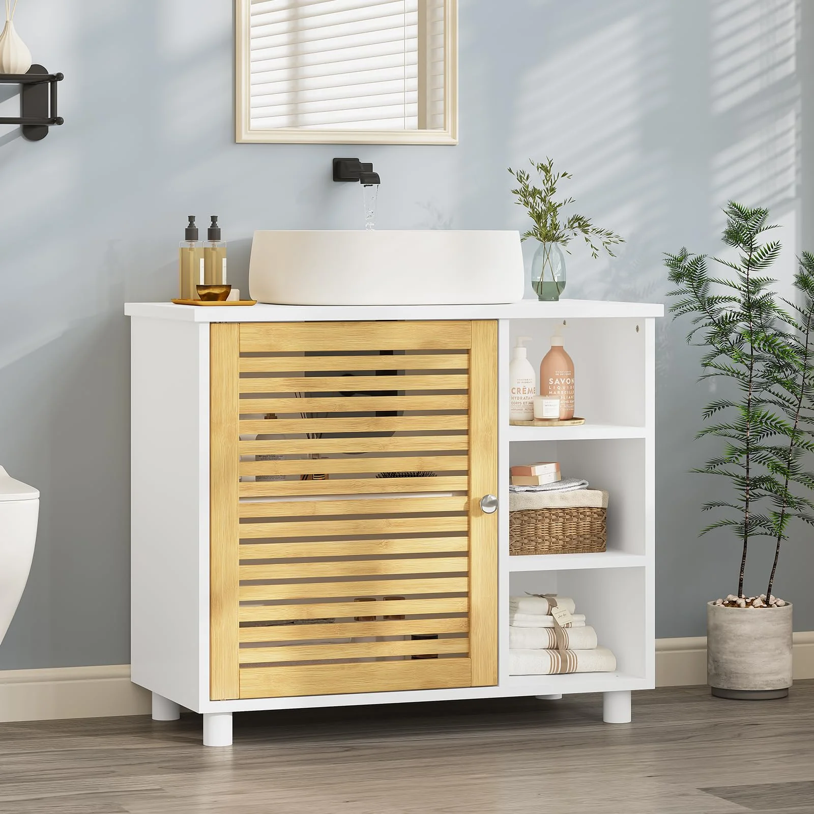 FORABAMB Waschbeckenunterschrank, Badezimmerschrank mit Bambustüren, 3 offene Fächer, viel Stauraum, Freistehend Badschrank Unterschrank, 62 x 30 x 60 cm - Image 9