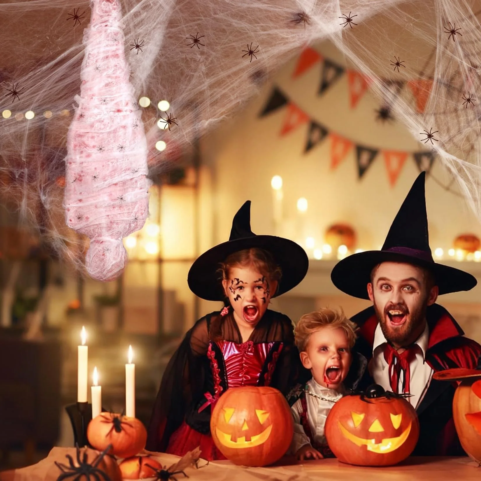 Forbabe 2 Sätze Halloween Gefälschte Leichen Requisiten, Gruselige Halloween Deko Hängende Leich Leichensack mit 150CM Aufblasbare Puppe Lebensgroß Blutige Tuch/Verbände Spinnennetz Spinne Luftpumpe - Image 3