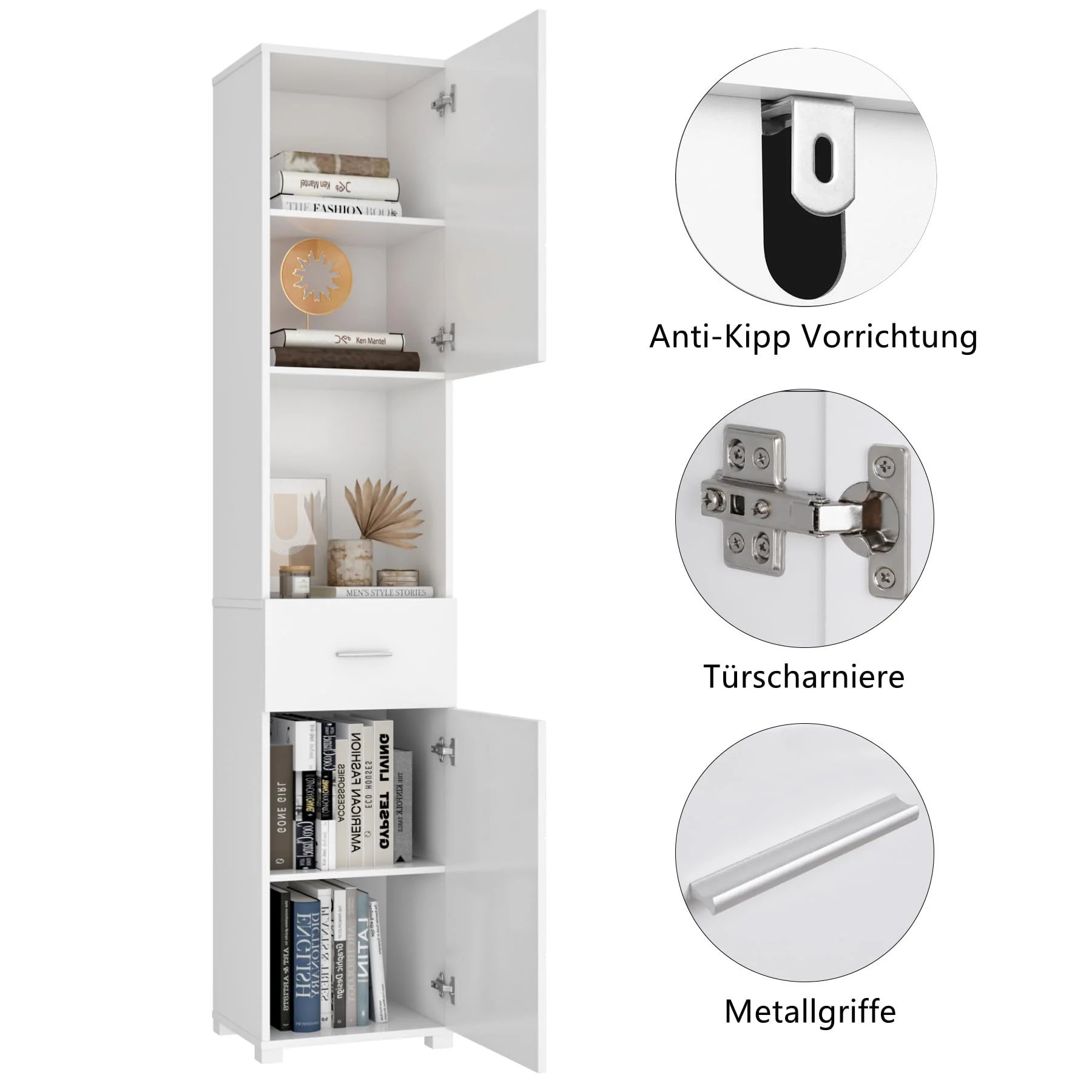 FOREHILL Badezimmerschrank, Badschrank, schmaler Badezimmer Hochschrank mit 2 Türen und 1 Schublade, 37x30x180cm, weiß - Image 2