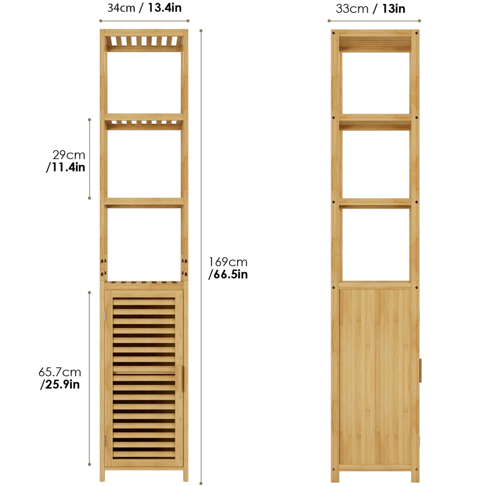 FOREHILL Hochschrank Badezimmerschrank Badregal aus Bambus schmales Badschrank Badmöbel mit 3 Ablagen Standregal für Bad, Küche, Flur 169x34x33cm Natur - Image 2