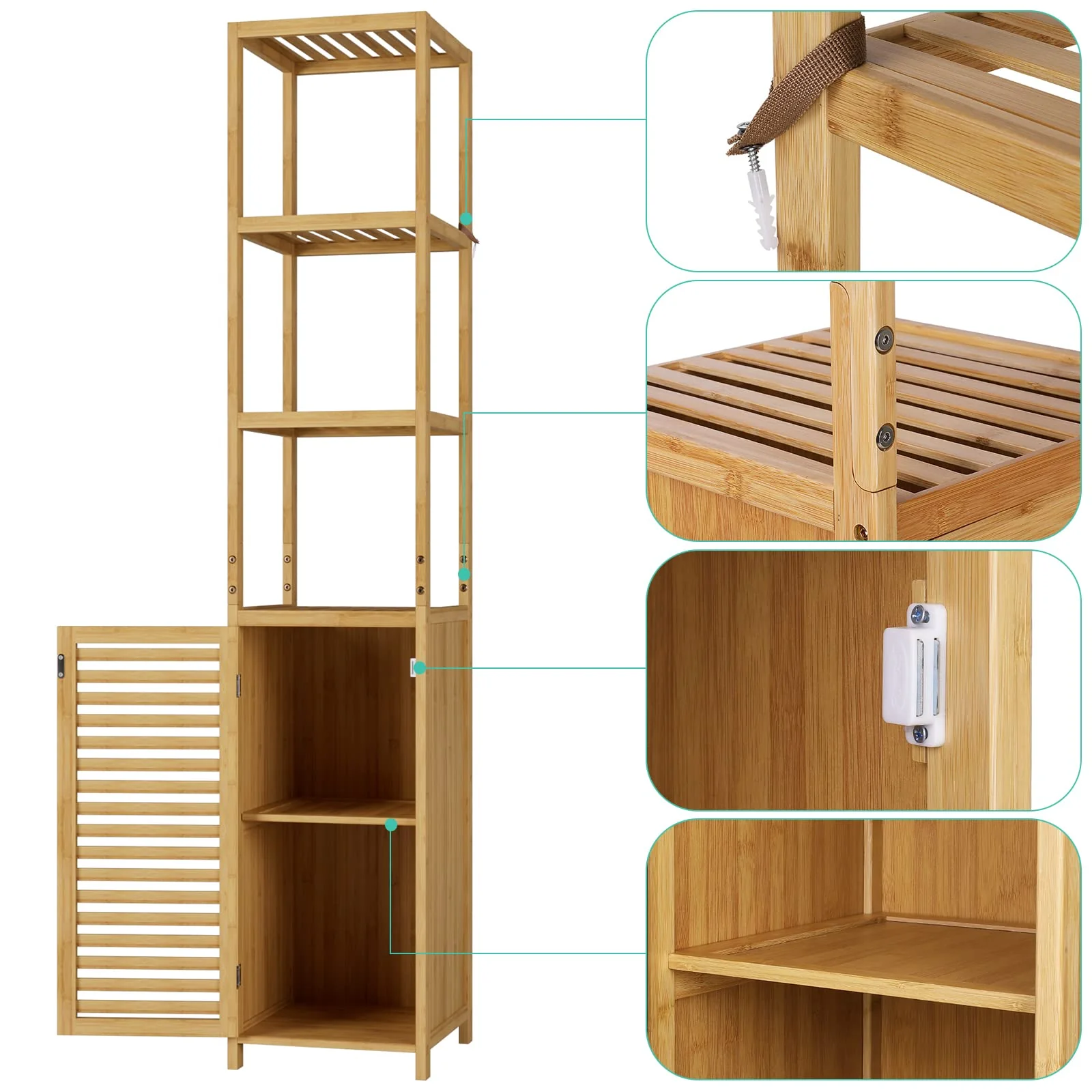 FOREHILL Hochschrank Badezimmerschrank Badregal aus Bambus schmales Badschrank Badmöbel mit 3 Ablagen Standregal für Bad, Küche, Flur 169x34x33cm Natur - Image 3