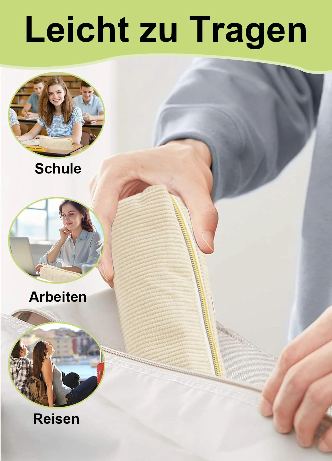 Forevat Federmäppchen Cord-Stoff, Federtasche, Portable Schulmäppchen Pencil Case, Große Kapazität Mäppchen mit praktischem Reißverschluss, für Teenager Schule, Büro (Beige) - Image 3