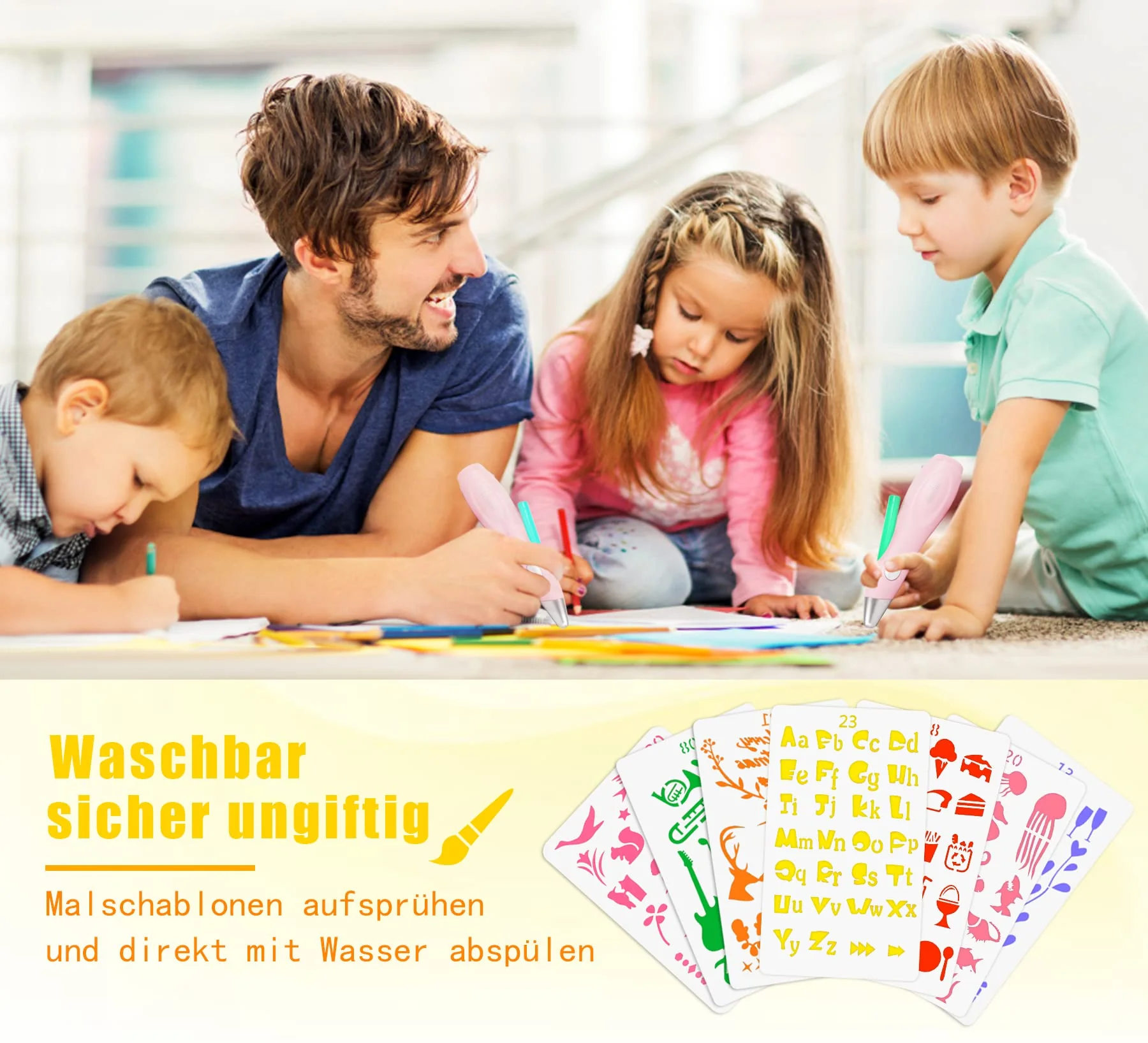 Forever Speed Elektrischer Farbsprühstift, airbrush set kinder mit 12 Filzstiften & 7 Schablonen, Airbrush Fun Farben sprühen für Kinder, Ungiftig Rosa - Image 4