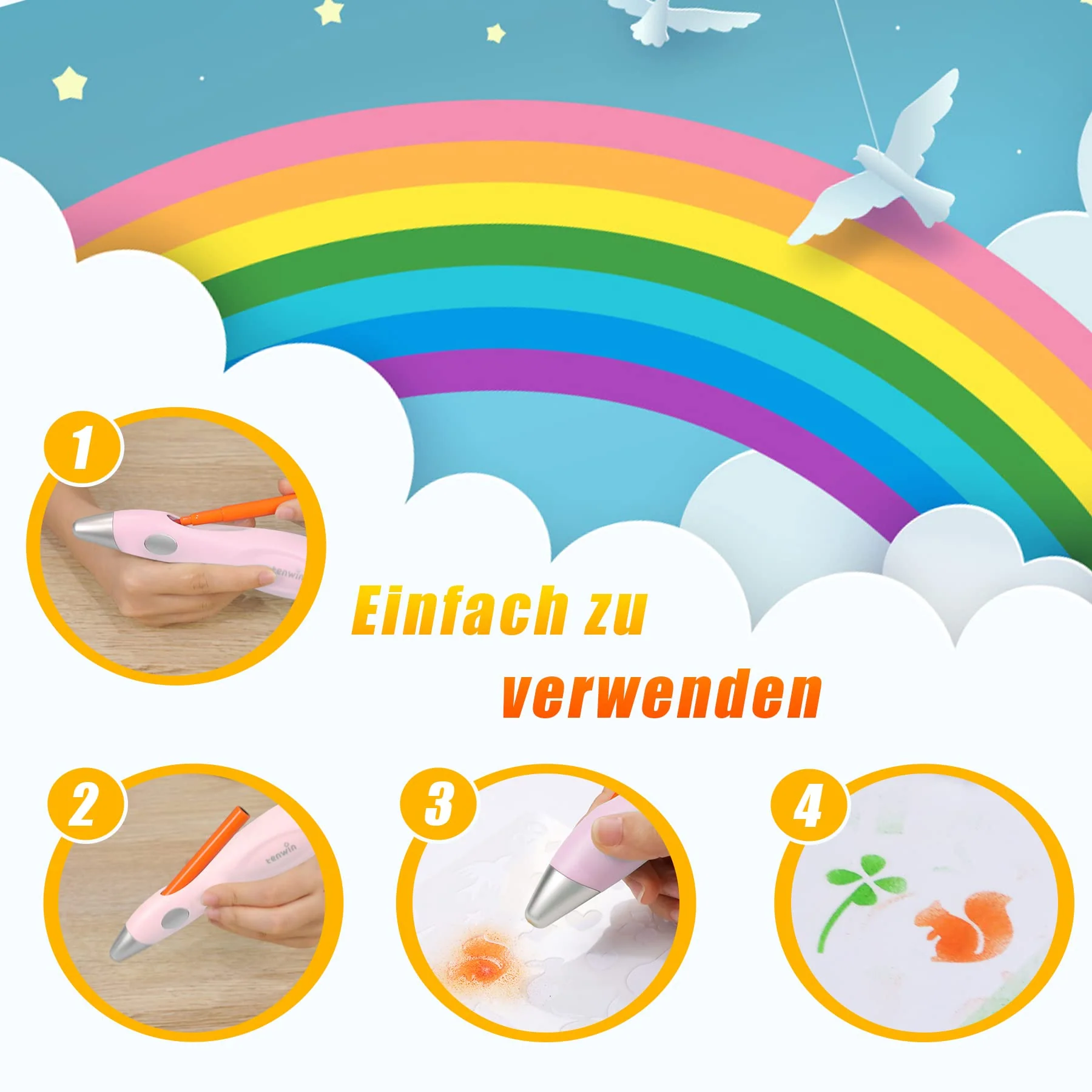 Forever Speed Elektrischer Farbsprühstift, airbrush set kinder mit 12 Filzstiften & 7 Schablonen, Airbrush Fun Farben sprühen für Kinder, Ungiftig Rosa - Image 7