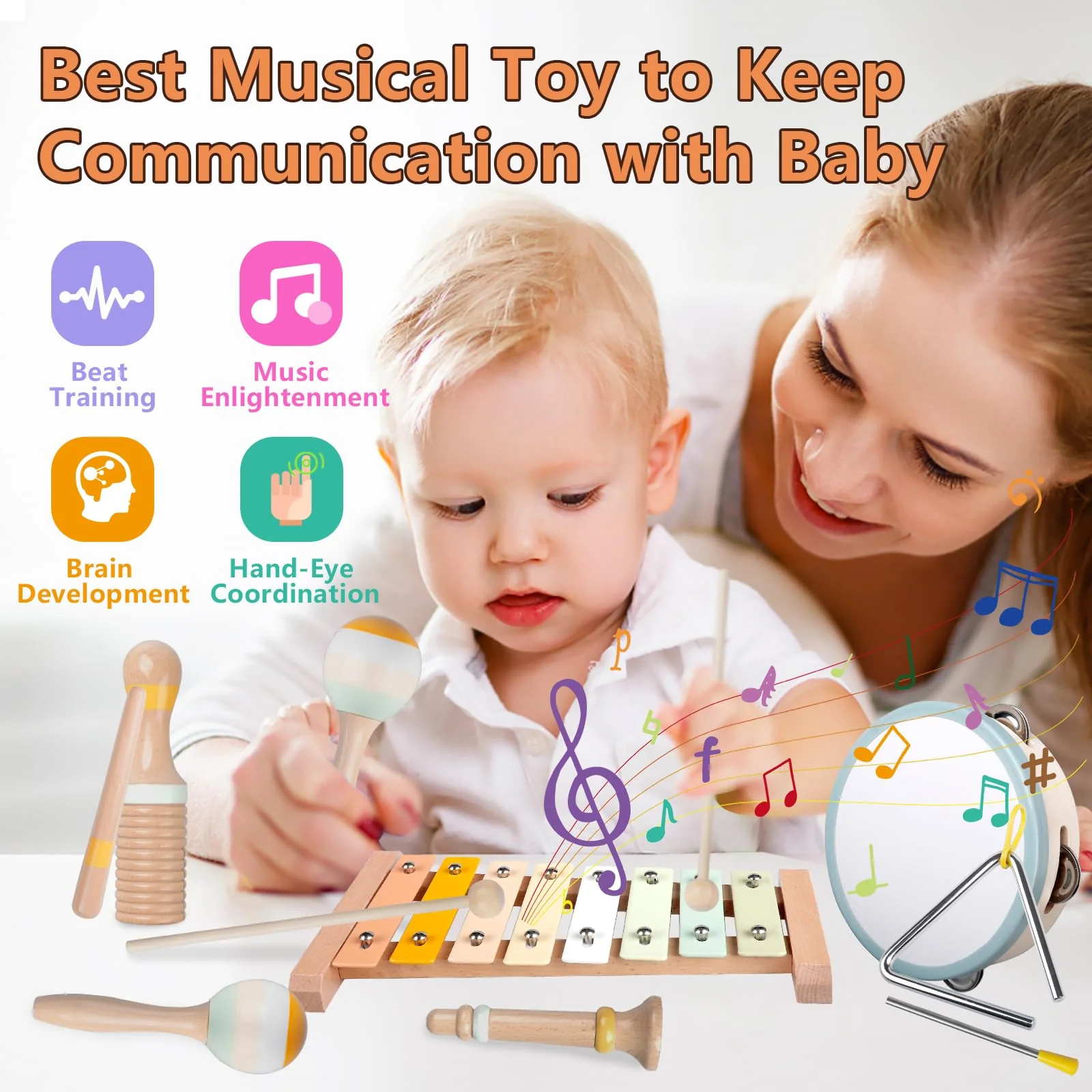 Fortand Musikinstrumente für Kinder, Musik Holzspielzeug ab 3 Jahre Kinderspielzeug Trommel Maracas Triangel Xylophon für Kinder Montessori Spielzeug Holz Percussion Set für Musikalische Früherziehung - Image 5