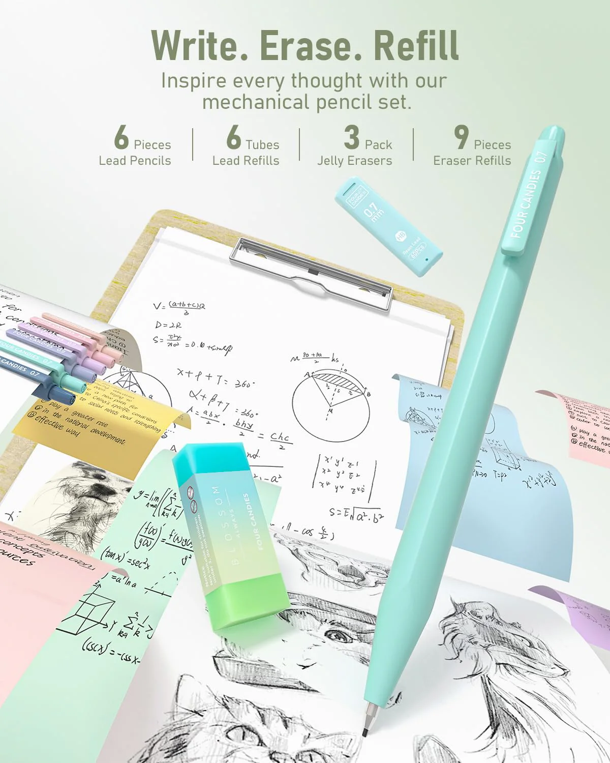 Four Candies 39 Stück Schulsachen mit Mäppchen, 12 Pastell Textmarker, 5 Gelstifte, 6 Druckbleistift Set, Aesthetic Stifte und Coole Sachen für Teenager Mädchen School Stuff Clean Girl (Grün) - Image 4
