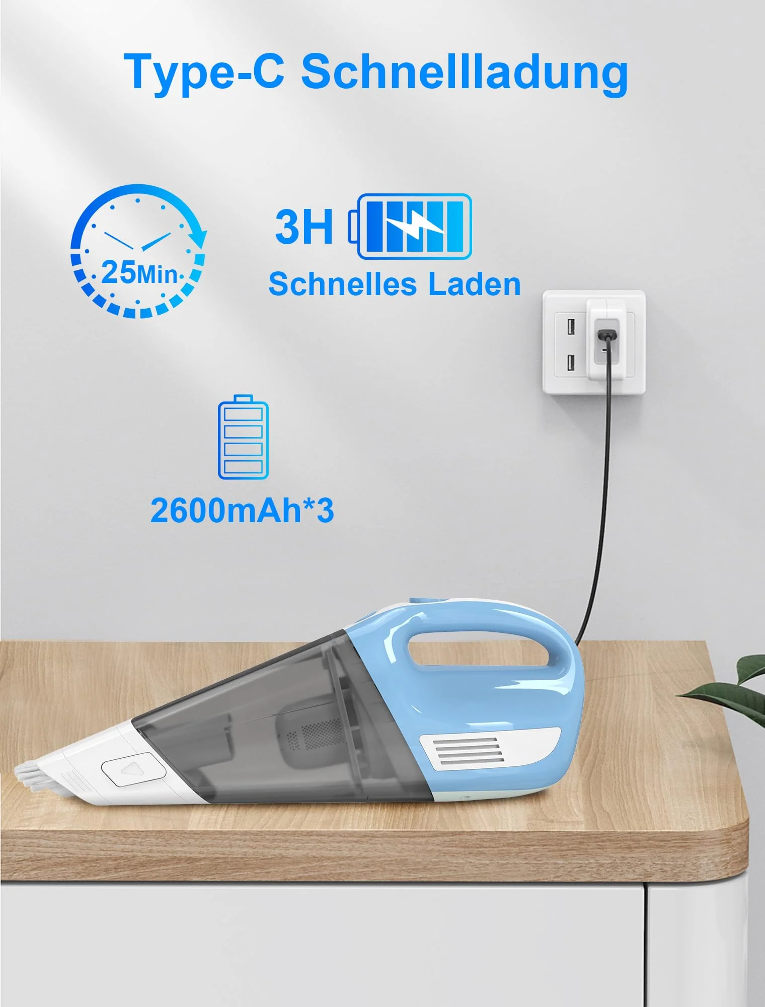 Fourward Handstaubsauger, Kabellos Staubsauger Autostaubsauger, 12000Pa Saugleistung, 11.1V Li-Ionen 7800mAh Akku, Schnelle Reinigung, Nass und Trocken Gebrauch - Image 3