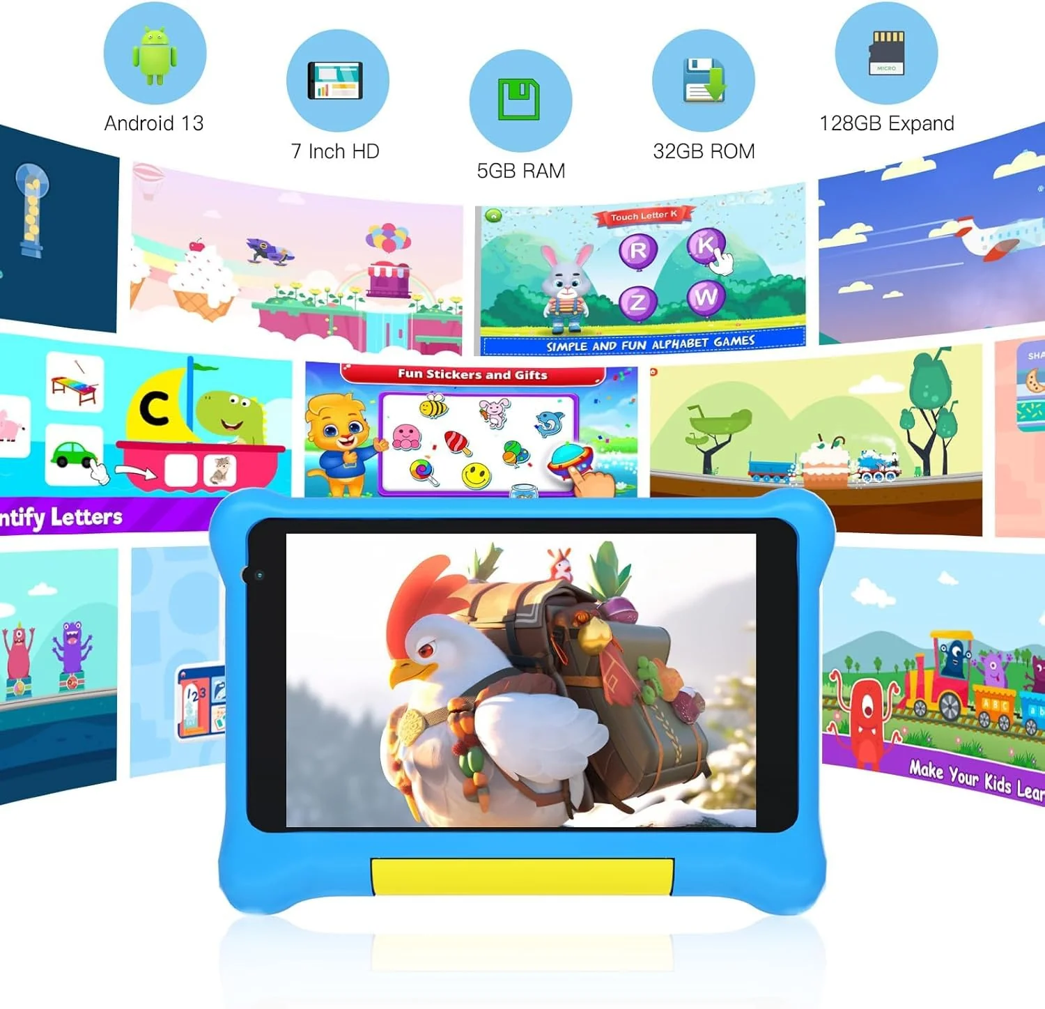 Freeski Tablet für Kinder, 7 Zoll Tablets für Kinder, Android 13 Tablet, 5GB+32GB, IPS HD, WiFi, Bluetooth, Dual Camera, Child Safety, Schutzhülle (Blau) - Image 7