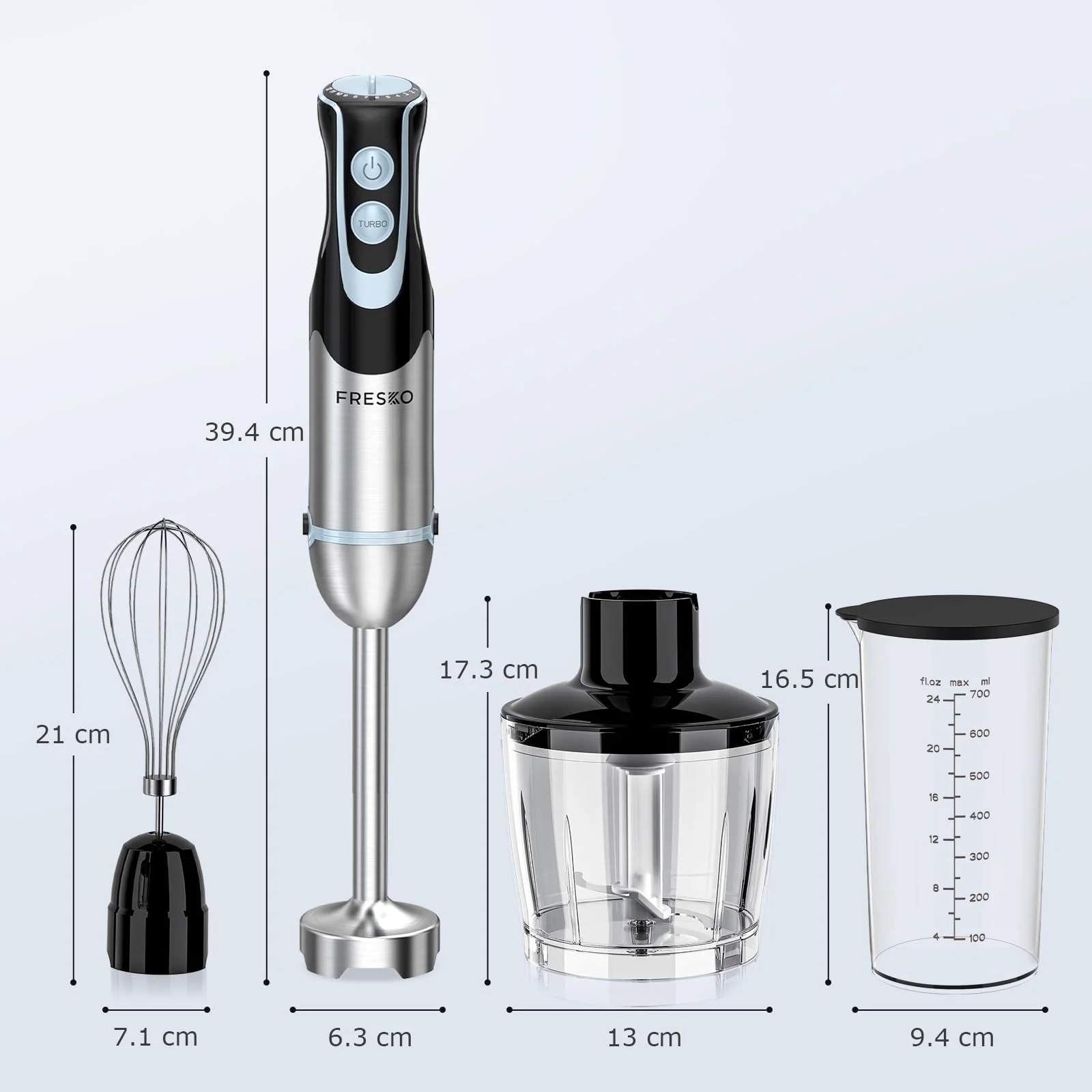 FRESKO 4-in-1 Stabmixer Edelstahl, 1000W Pürierstab mit 12 Geschwindigkeiten und Turbo-Modi, Inklusive Schneebesen, 500ml Lebensmittelhacker und 700ml Messbecher, für Babynahrung, Suppe, Smoothies