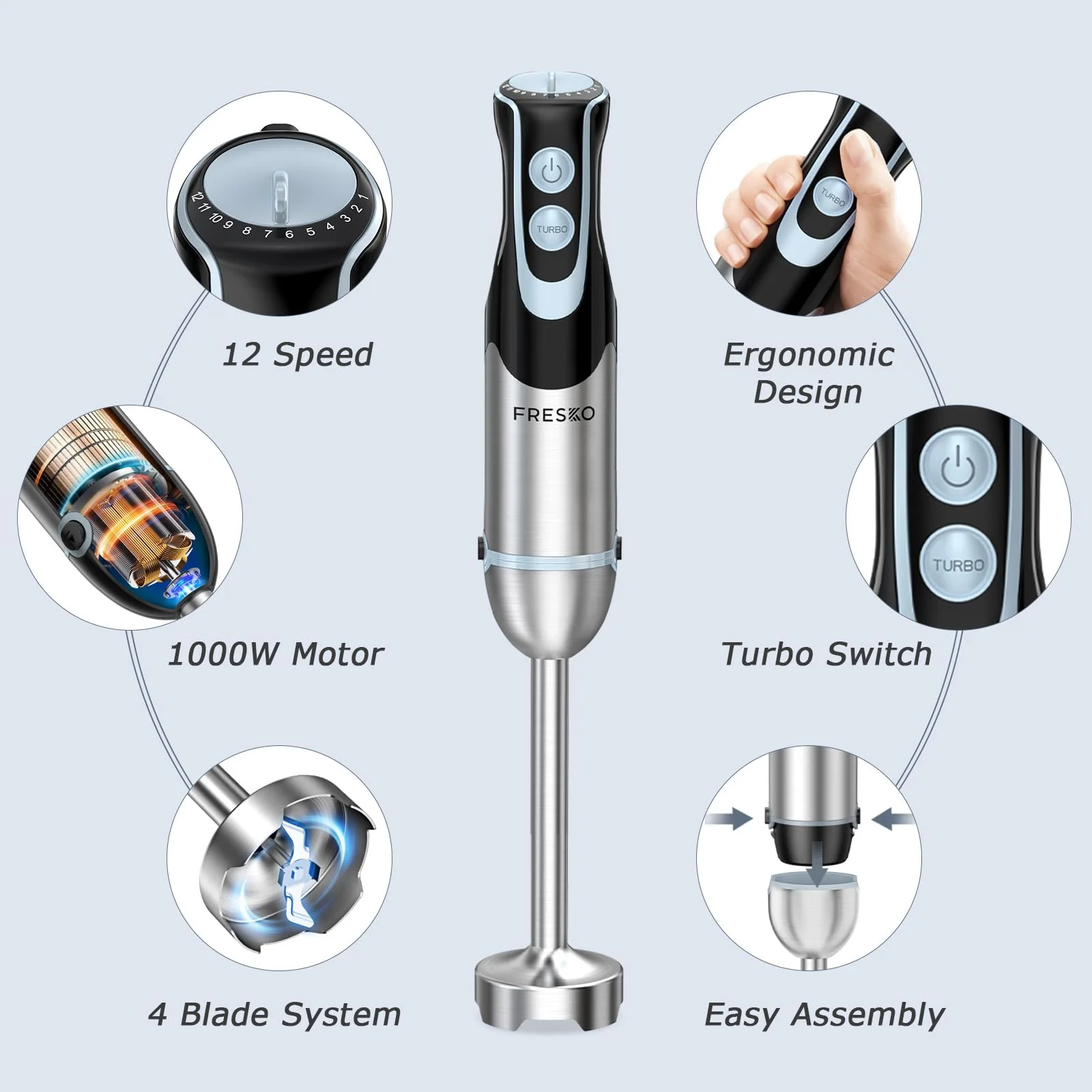 FRESKO 4-in-1 Stabmixer Edelstahl, 1000W Pürierstab mit 12 Geschwindigkeiten und Turbo-Modi, Inklusive Schneebesen, 500ml Lebensmittelhacker und 700ml Messbecher, für Babynahrung, Suppe, Smoothies - Image 2