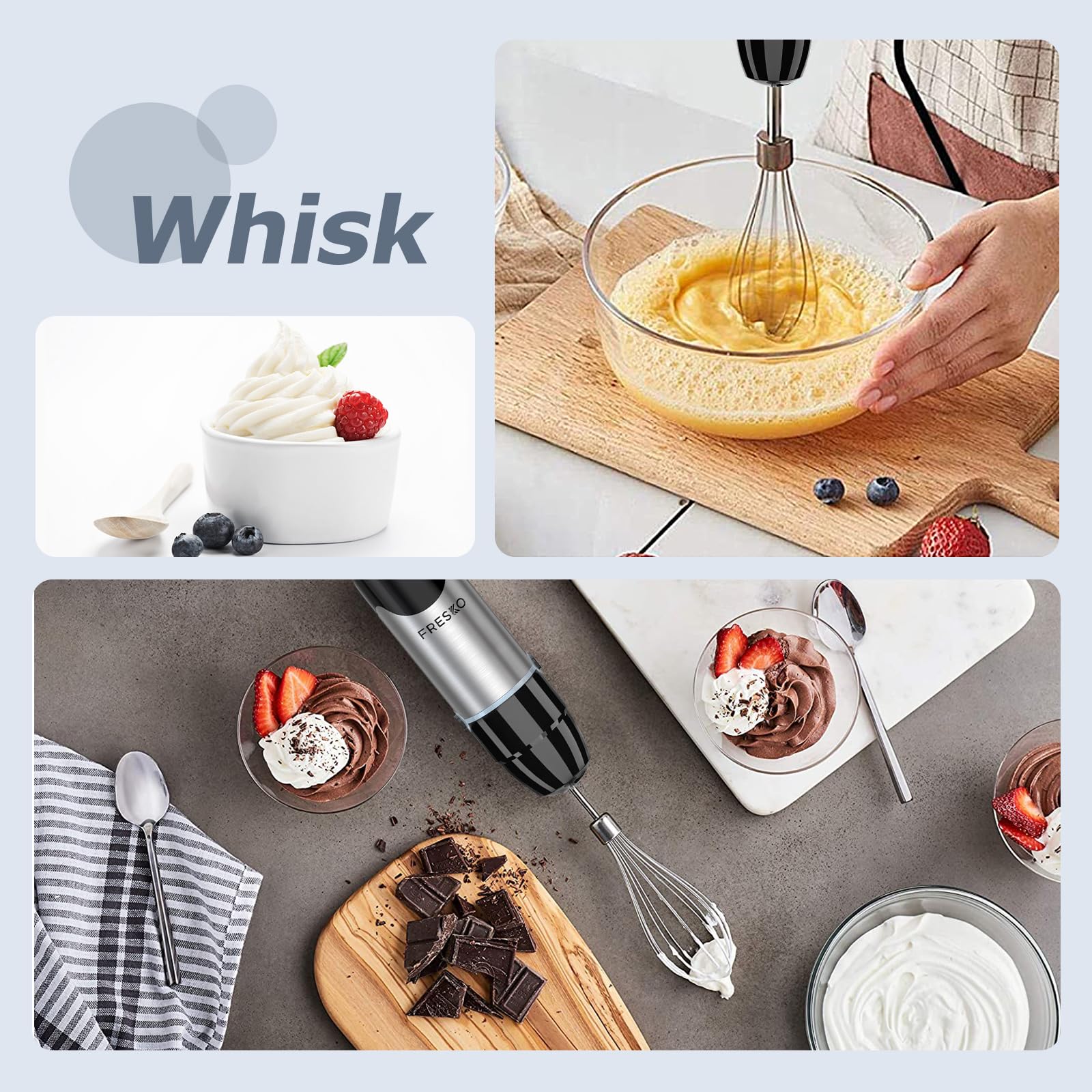 FRESKO 4-in-1 Stabmixer Edelstahl, 1000W Pürierstab mit 12 Geschwindigkeiten und Turbo-Modi, Inklusive Schneebesen, 500ml Lebensmittelhacker und 700ml Messbecher, für Babynahrung, Suppe, Smoothies - Image 3
