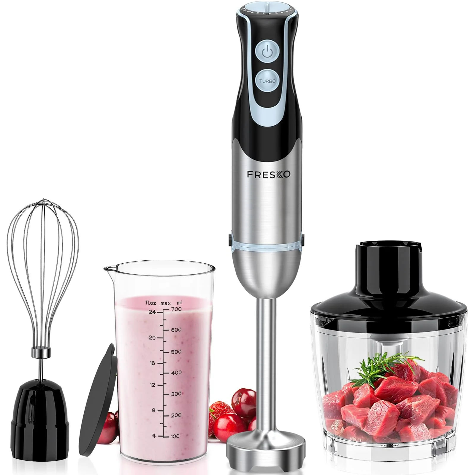 FRESKO 4-in-1 Stabmixer Edelstahl, 1000W Pürierstab mit 12 Geschwindigkeiten und Turbo-Modi, Inklusive Schneebesen, 500ml Lebensmittelhacker und 700ml Messbecher, für Babynahrung, Suppe, Smoothies - Image 7