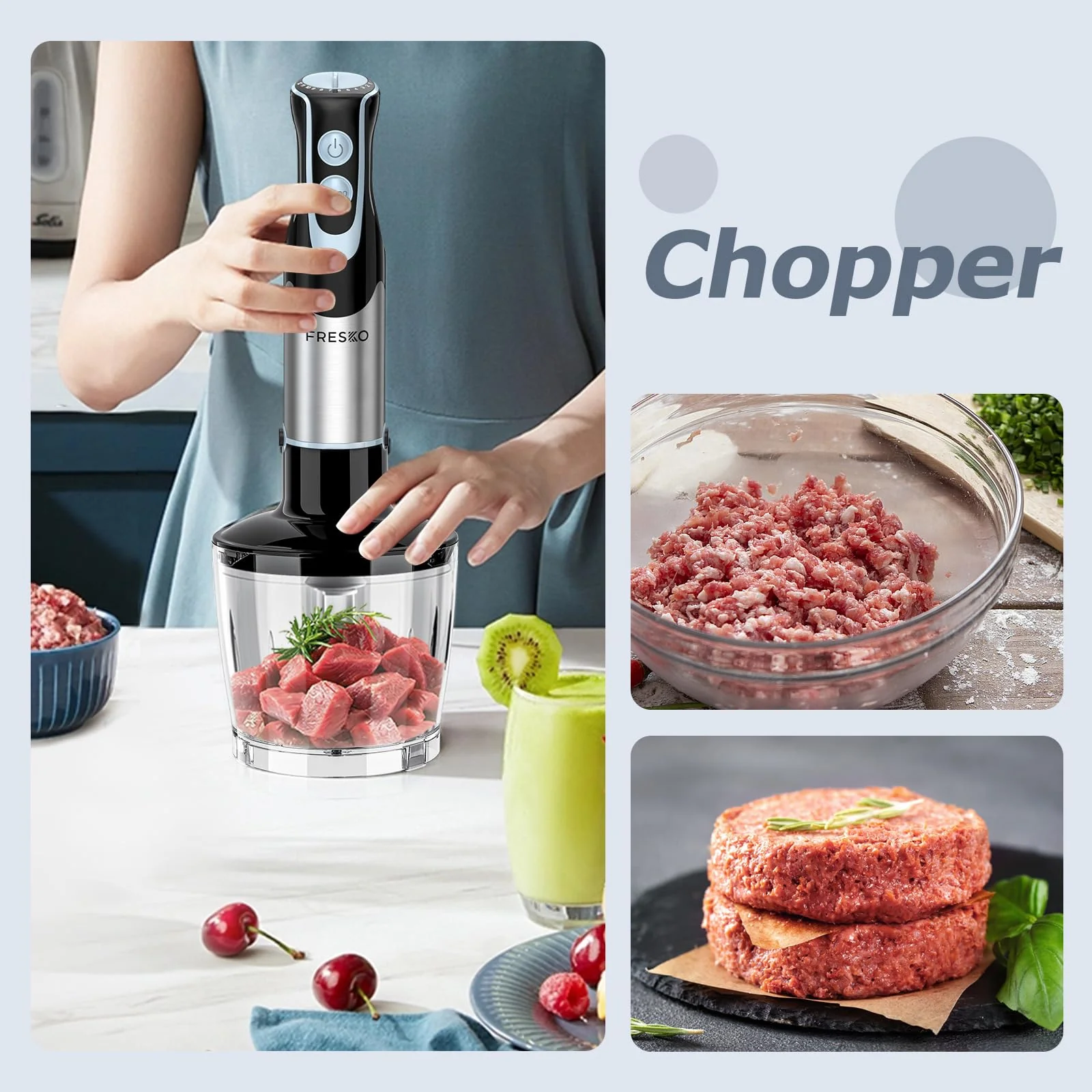FRESKO 4-in-1 Stabmixer Edelstahl, 1000W Pürierstab mit 12 Geschwindigkeiten und Turbo-Modi, Inklusive Schneebesen, 500ml Lebensmittelhacker und 700ml Messbecher, für Babynahrung, Suppe, Smoothies - Image 9