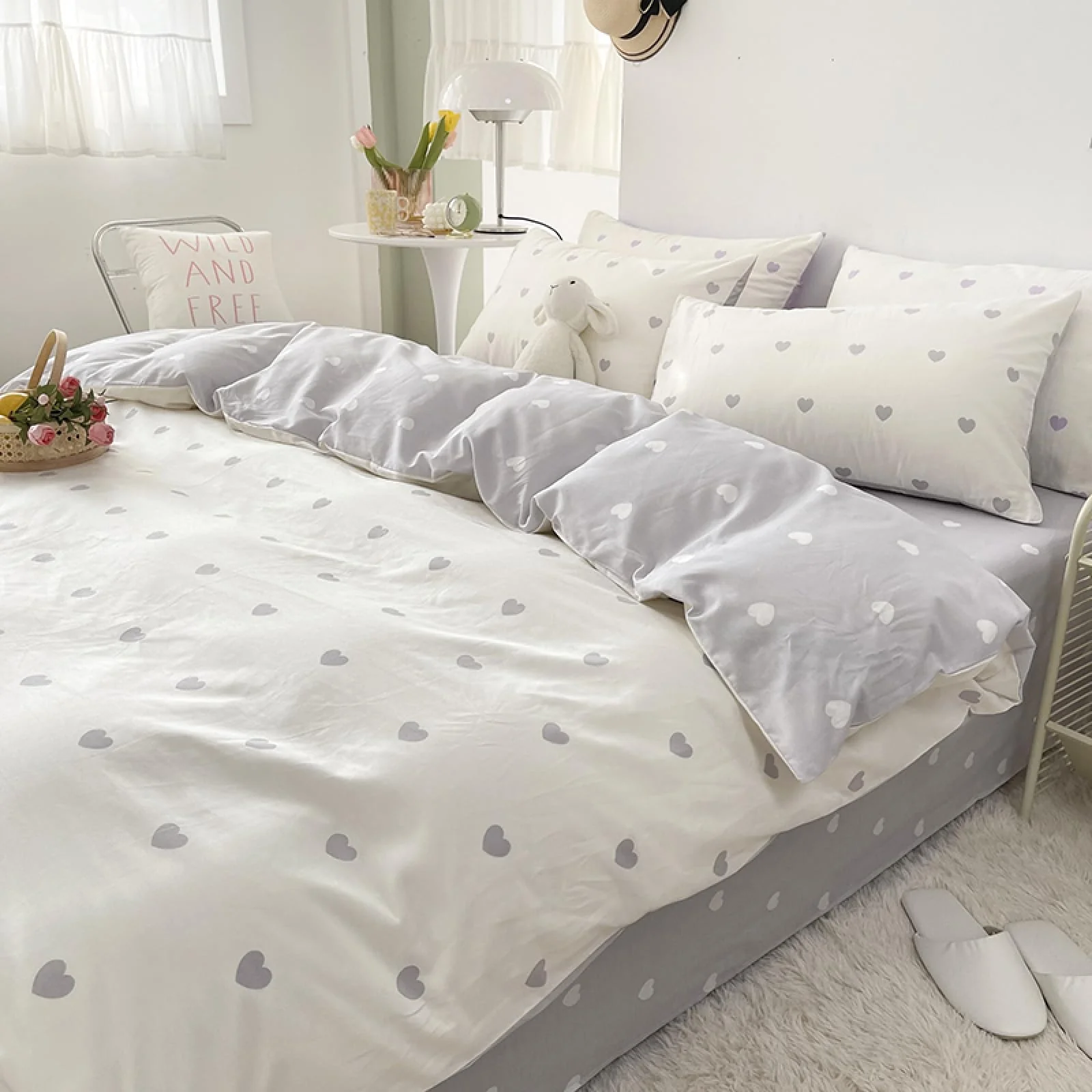 Freyamy Bettwäsche 220x240cm 3teilig Weiß Grau Herz Mädchen Bettwaren-Sets Romantisch Liebe Wendebettwäsche 100% Microfaser Liebesmotiv Bettbezug mit Reißverschluss und 2 Kissenbezug 80x80cm - Image 5