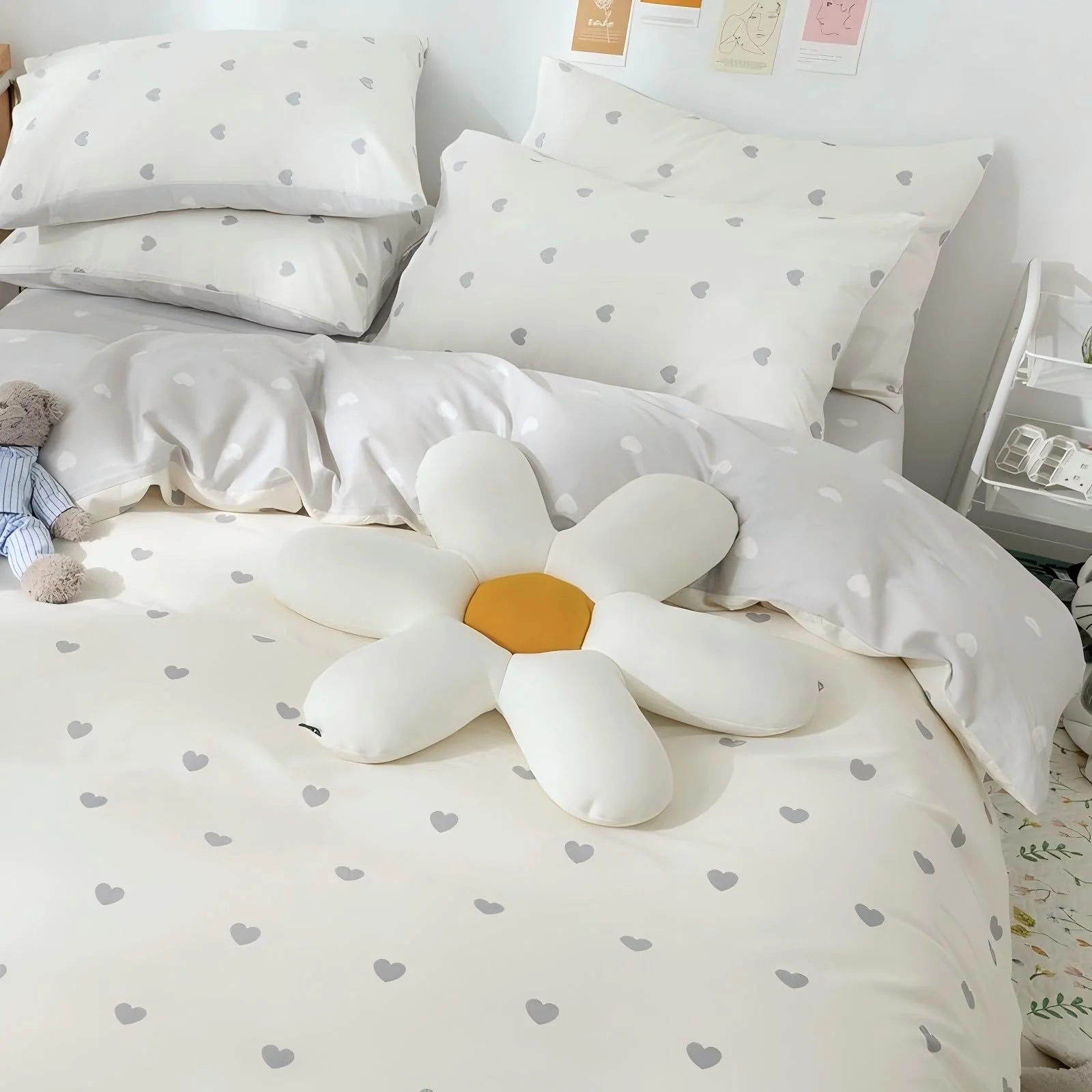 Freyamy Bettwäsche 220x240cm 3teilig Weiß Grau Herz Mädchen Bettwaren-Sets Romantisch Liebe Wendebettwäsche 100% Microfaser Liebesmotiv Bettbezug mit Reißverschluss und 2 Kissenbezug 80x80cm - Image 6