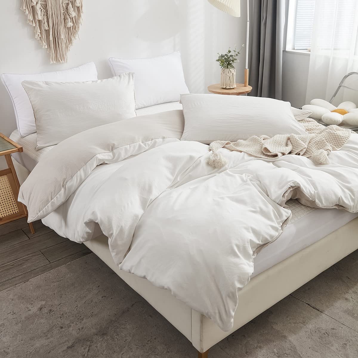 Freyamy Wendbar Bettwäsche 200x200cm 3teilig Weiß Beige Unifarben Uni Wendebettwäsche Gewaschene Microfaser Weiche Bettwaren-Sets Elegant Bettbezug mit Reißverschluss und 2 Kissenbezug 80x80cm - Image 3