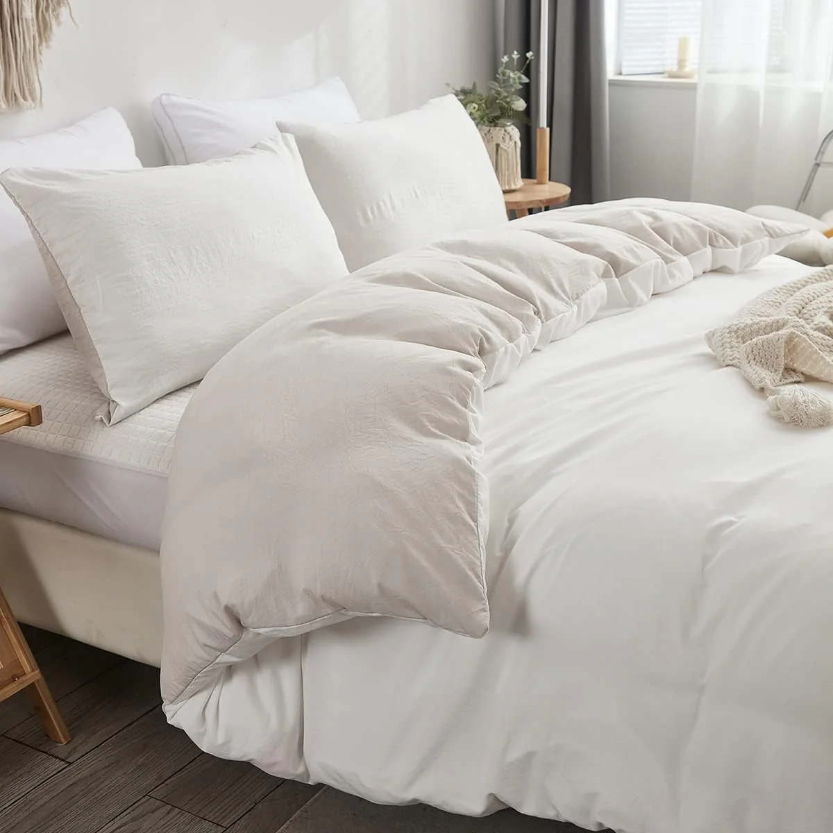 Freyamy Wendbar Bettwäsche 200x200cm 3teilig Weiß Beige Unifarben Uni Wendebettwäsche Gewaschene Microfaser Weiche Bettwaren-Sets Elegant Bettbezug mit Reißverschluss und 2 Kissenbezug 80x80cm - Image 5