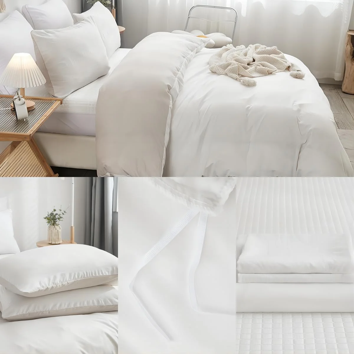Freyamy Wendbar Bettwäsche 200x200cm 3teilig Weiß Beige Unifarben Uni Wendebettwäsche Gewaschene Microfaser Weiche Bettwaren-Sets Elegant Bettbezug mit Reißverschluss und 2 Kissenbezug 80x80cm - Image 6