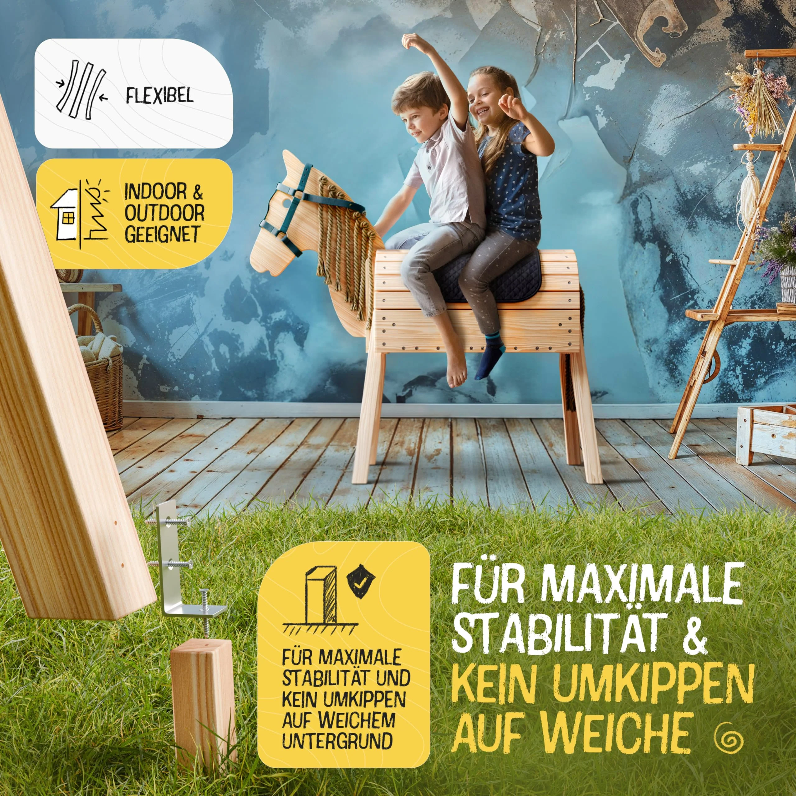 FRIEDO - Holzpferd mit Sattel (Sitzkissen) & Pferdegeschirr - Höhenverstellbares Spielpferd (101cm - 106cm) - Holzpferd für draußen im Garten geeignet - Perfekt für Kinder aus unbehandeltem Naturholz - Image 4