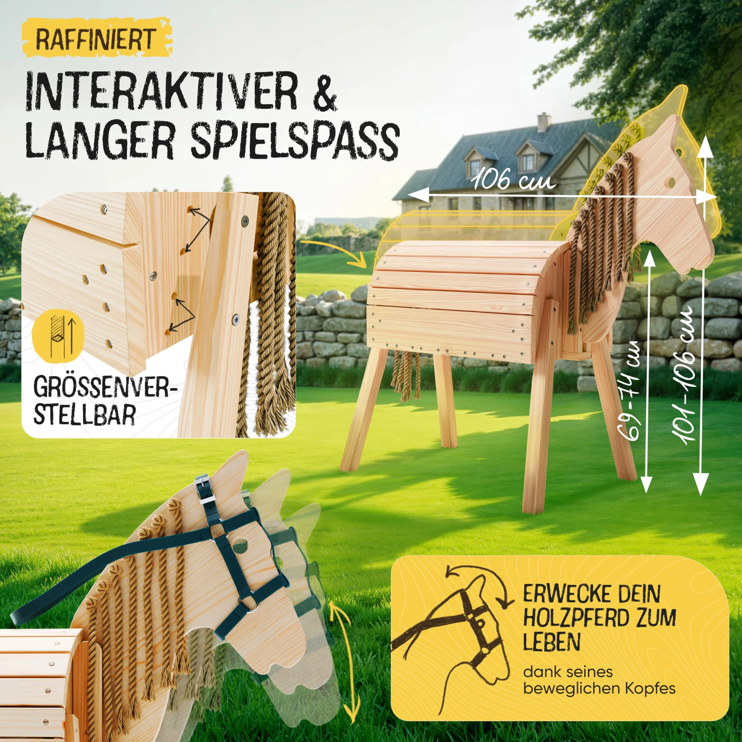 FRIEDO - Holzpferd mit Sattel (Sitzkissen) & Pferdegeschirr - Höhenverstellbares Spielpferd (101cm - 106cm) - Holzpferd für draußen im Garten geeignet - Perfekt für Kinder aus unbehandeltem Naturholz - Image 6