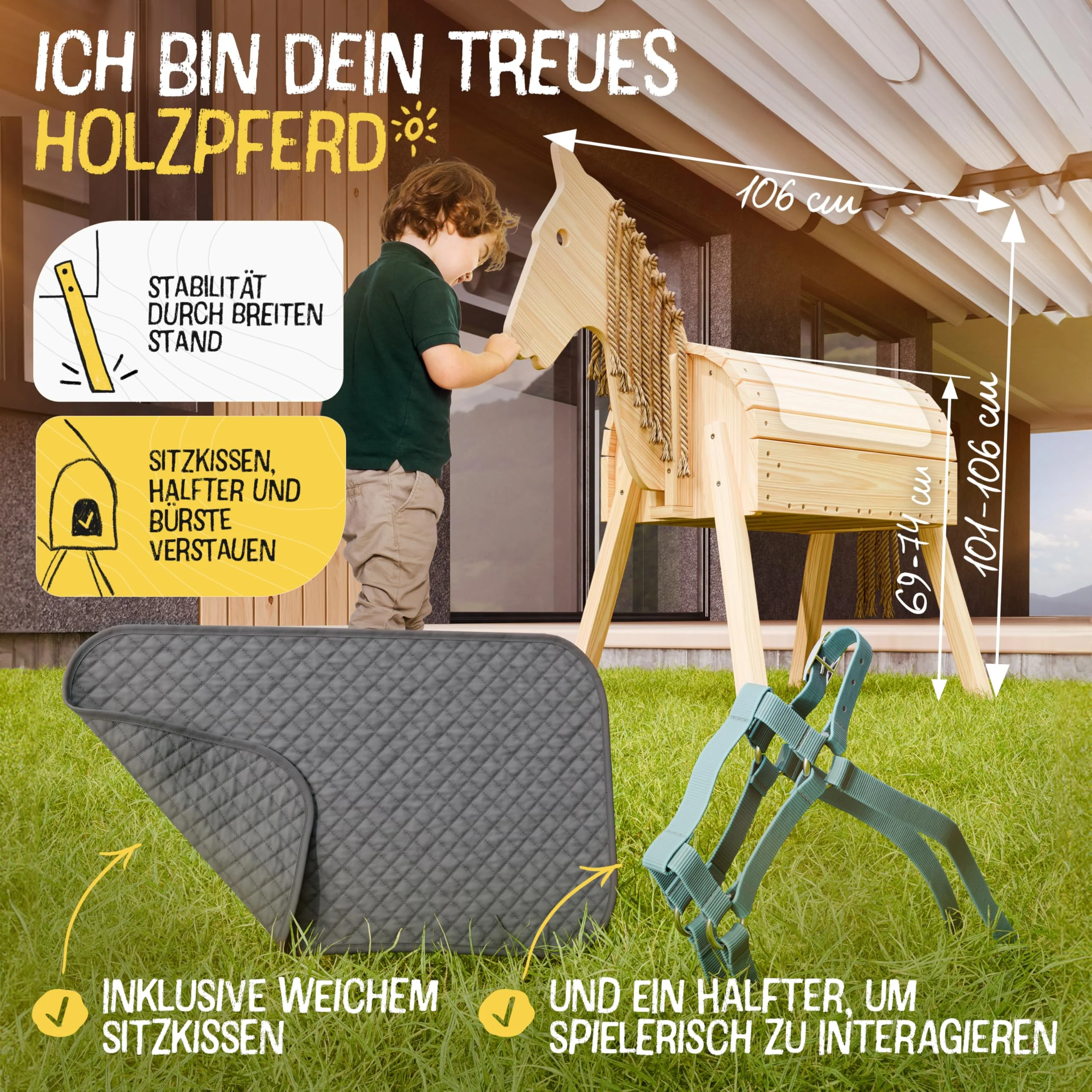 FRIEDO - Holzpferd mit Sattel (Sitzkissen) & Pferdegeschirr - Höhenverstellbares Spielpferd (101cm - 106cm) - Holzpferd für draußen im Garten geeignet - Perfekt für Kinder aus unbehandeltem Naturholz - Image 7
