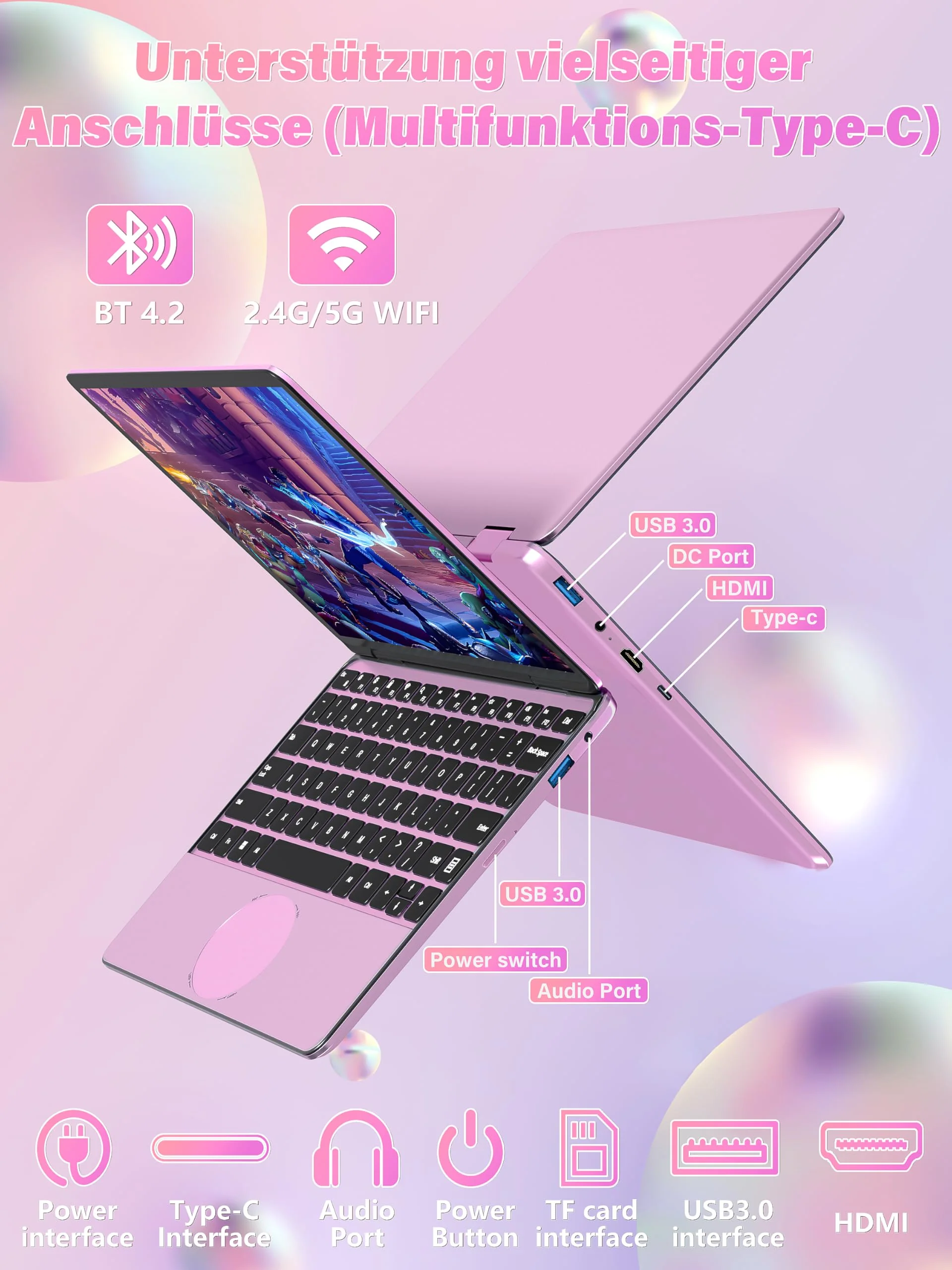 Fsjun 11-Zoll-Pink 2-in-1 Touchscreen-Laptop, N100(Beat N95 N5095), 16GB RAM, 1TB SSD, FHD IPS, Hintergrundbeleucht Tastatur,Wi-Fi, Type-C, HDMI,Leicht, tragbar (16G+1T) - Image 2