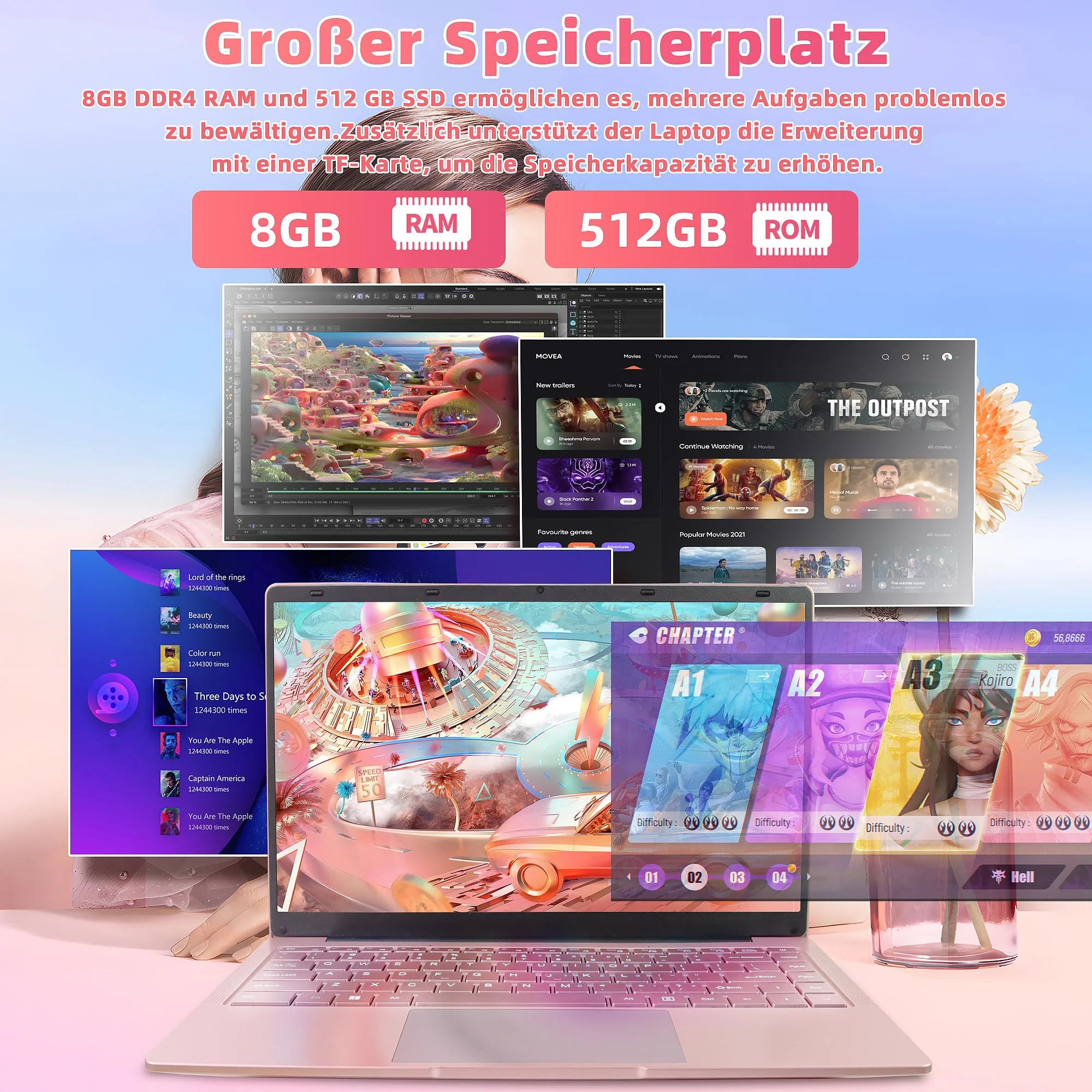 Fsjun 14 Zoll Laptop Roségold, FHD Display, 4 Kern Prozessor Celeron J4105, 8GB DDR4 RAM, 512GB SSD, Webcam, WiFi, USB 3.0 x2, Mini-HDMI, Ultra-dünn, Notebook für Anfänger, DE Tastaturschutz - Image 5