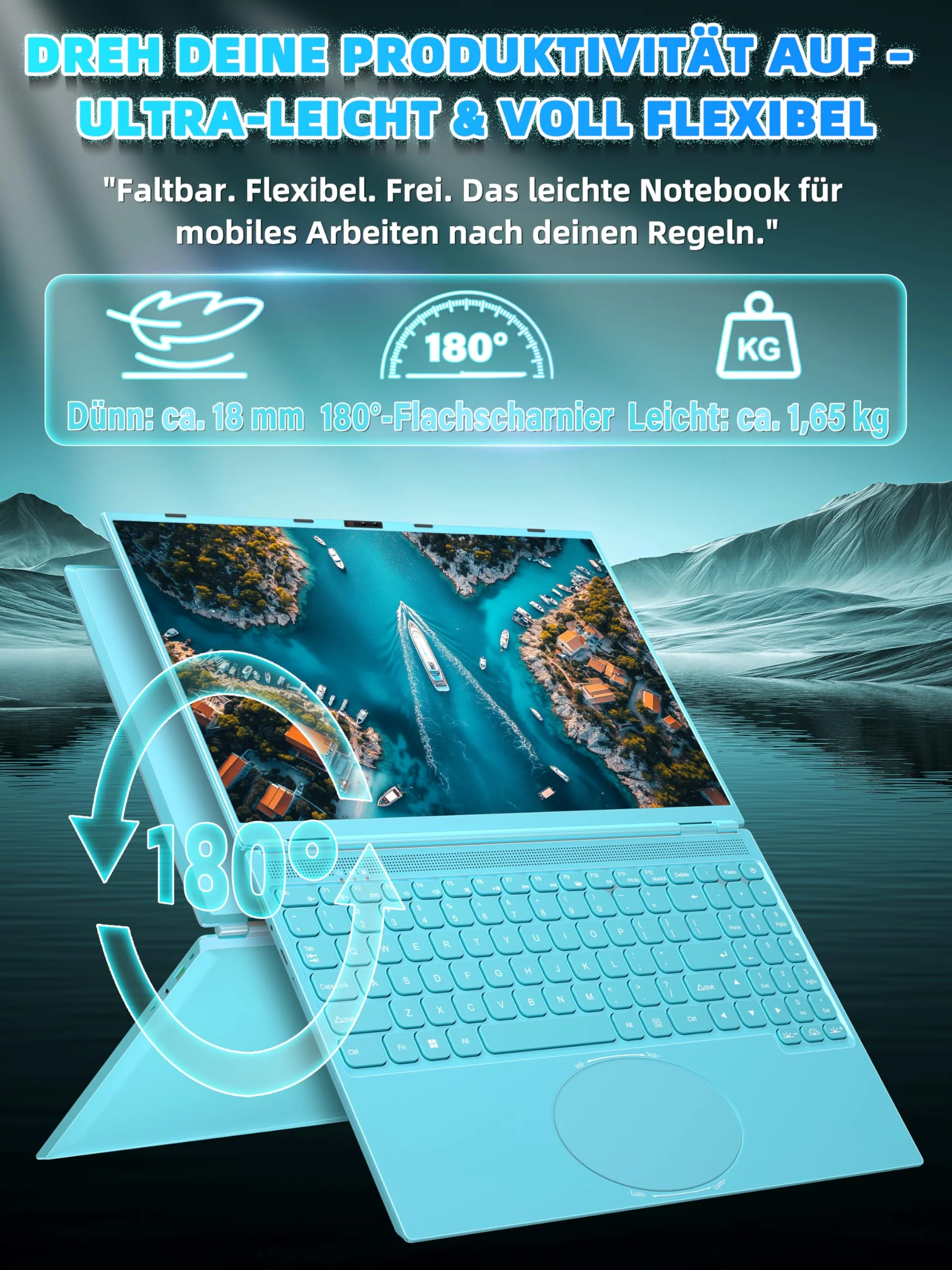 Fsjun 16" Laptop Notebook Blau, N95 bis 3,4 GHz, 16GB RAM 1TB SSD, 2.5K QHD IPS 2560×1600 Screen, 7-farbige beleuchtete Tastatur, Face Unlock, USB-C/HDMI/WiFi/BT, DE Tastaturschutz - Image 3