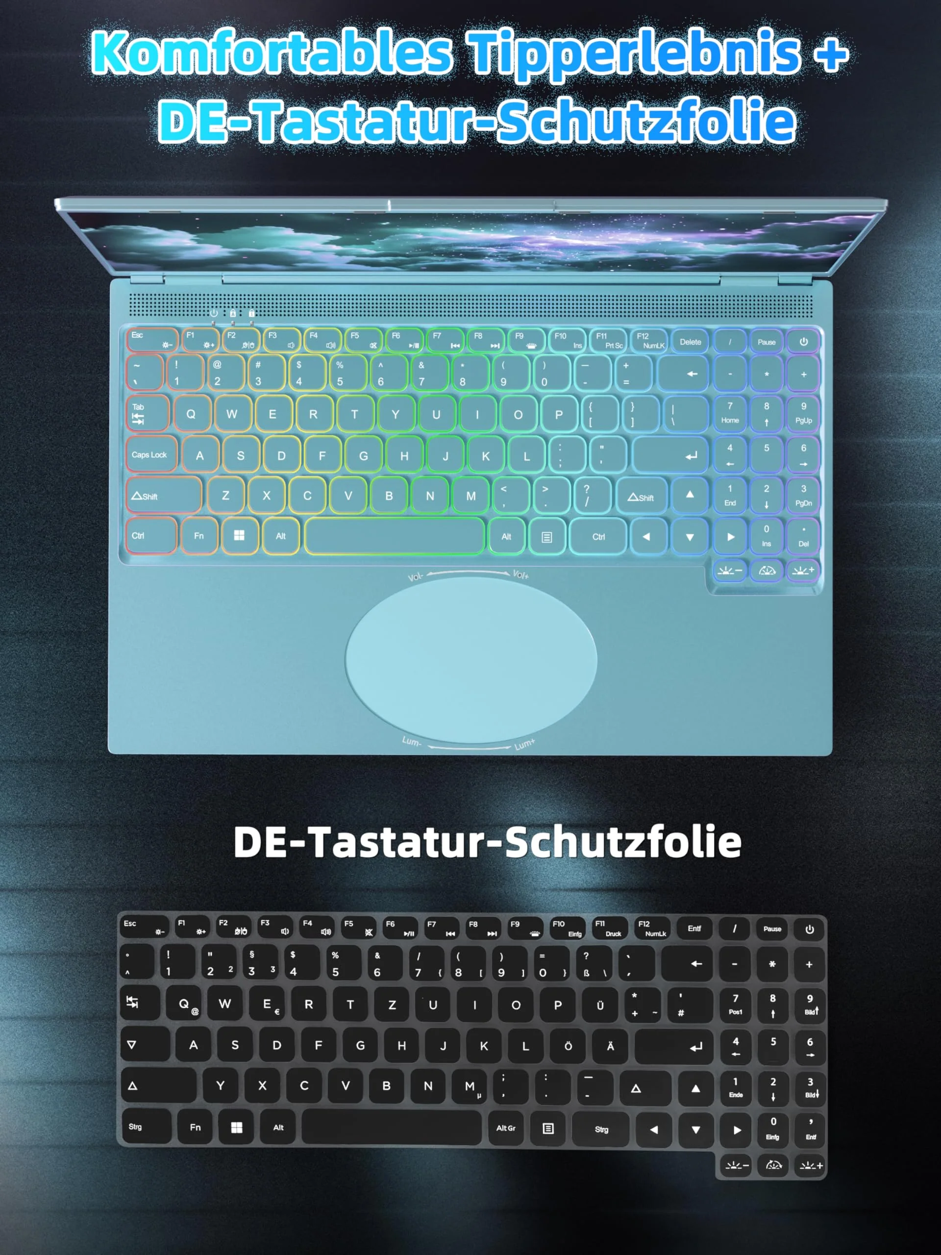 Fsjun 16" Laptop Notebook Blau, N95 bis 3,4 GHz, 16GB RAM 1TB SSD, 2.5K QHD IPS 2560×1600 Screen, 7-farbige beleuchtete Tastatur, Face Unlock, USB-C/HDMI/WiFi/BT, DE Tastaturschutz - Image 4