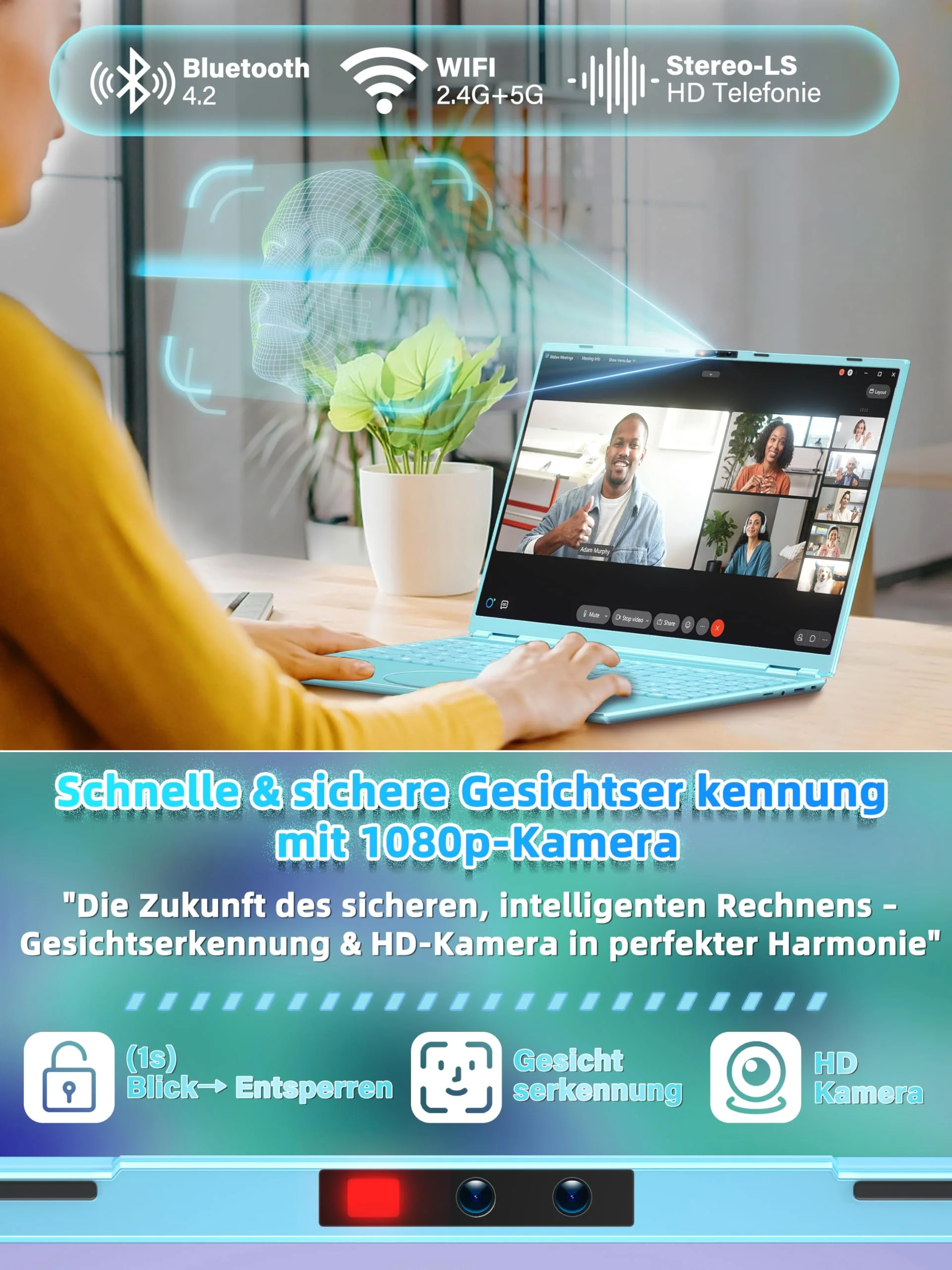 Fsjun 16" Laptop Notebook Blau, N95 bis 3,4 GHz, 16GB RAM 1TB SSD, 2.5K QHD IPS 2560×1600 Screen, 7-farbige beleuchtete Tastatur, Face Unlock, USB-C/HDMI/WiFi/BT, DE Tastaturschutz - Image 5
