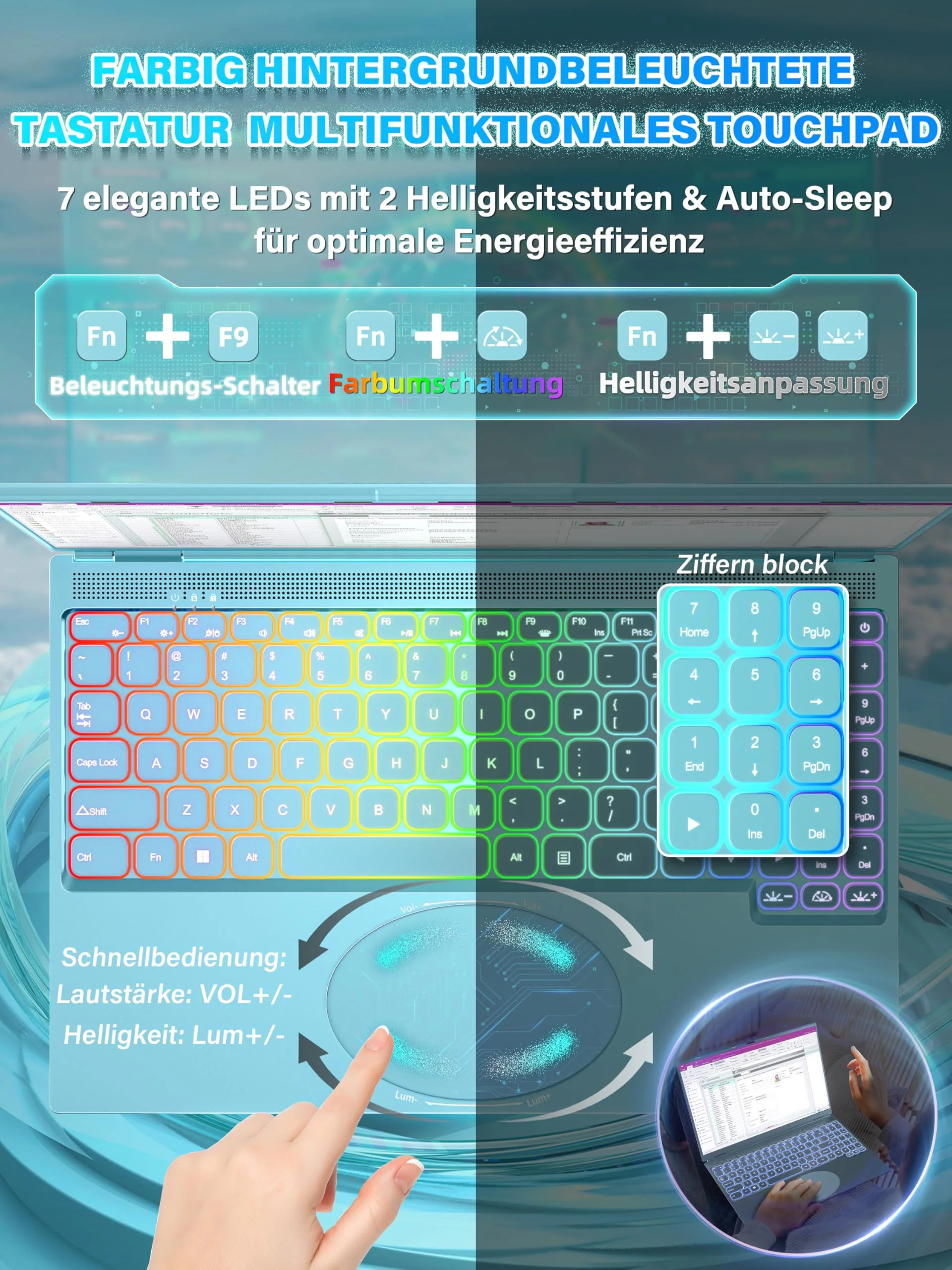 Fsjun 16" Laptop Notebook Blau, N95 bis 3,4 GHz, 16GB RAM 1TB SSD, 2.5K QHD IPS 2560×1600 Screen, 7-farbige beleuchtete Tastatur, Face Unlock, USB-C/HDMI/WiFi/BT, DE Tastaturschutz - Image 6