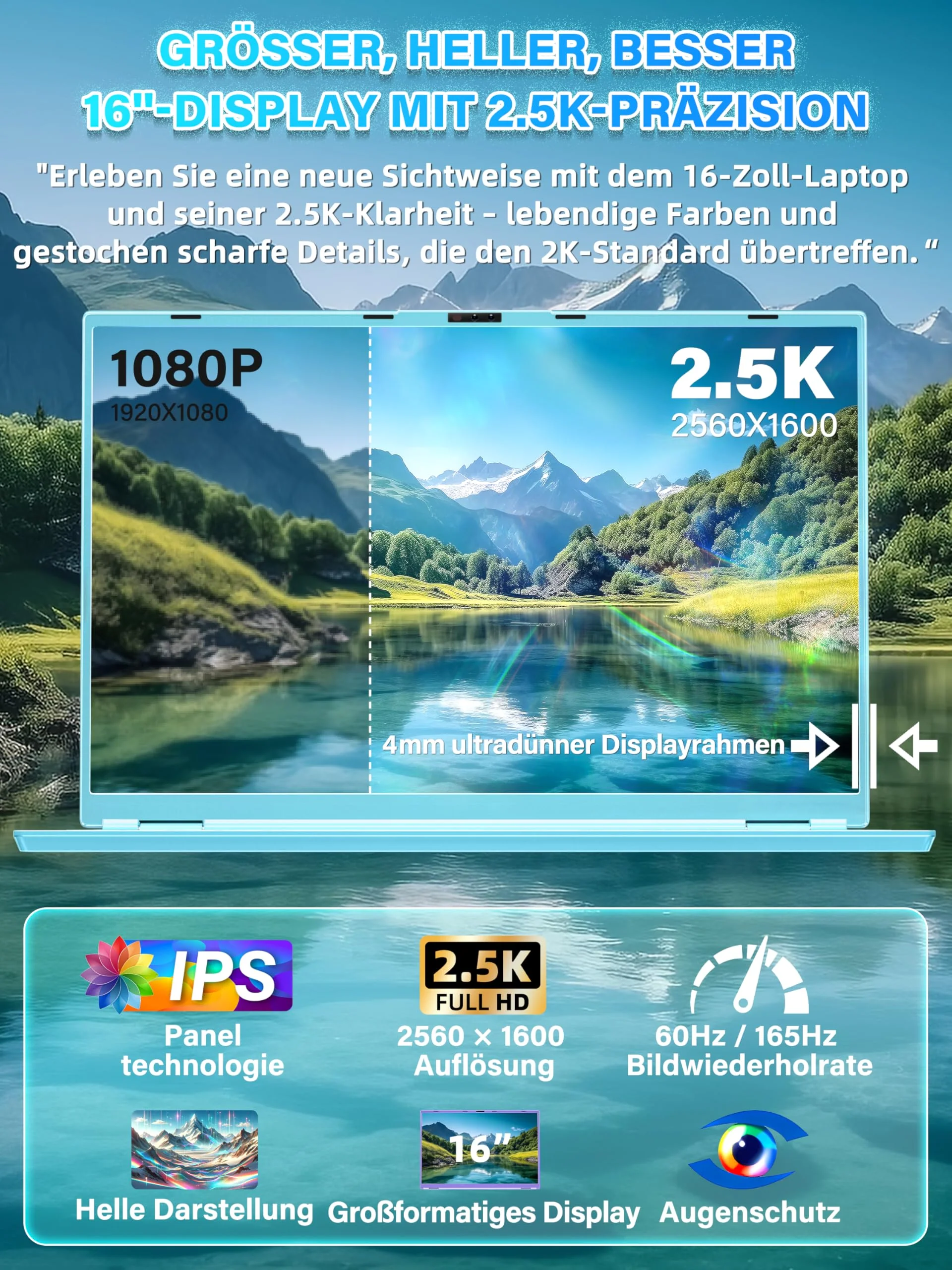 Fsjun 16" Laptop Notebook Blau, N95 bis 3,4 GHz, 16GB RAM 1TB SSD, 2.5K QHD IPS 2560×1600 Screen, 7-farbige beleuchtete Tastatur, Face Unlock, USB-C/HDMI/WiFi/BT, DE Tastaturschutz - Image 7