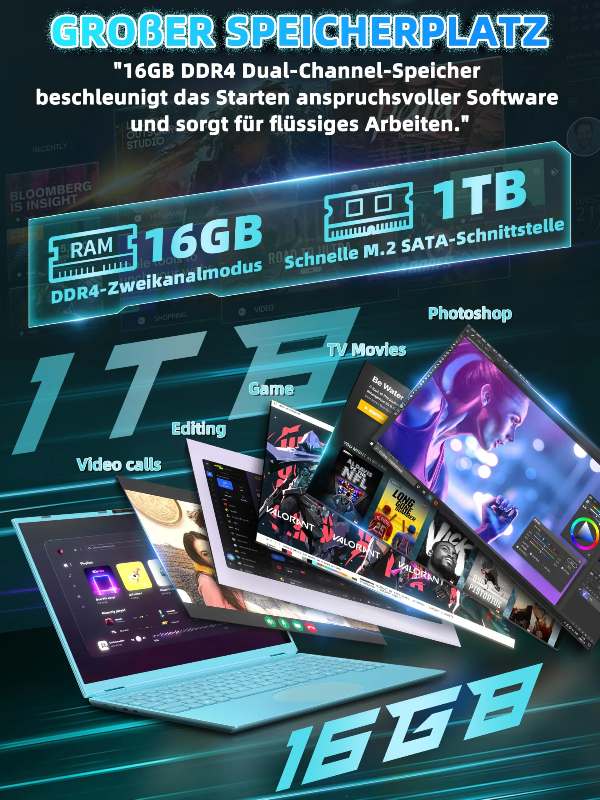 Fsjun 16" Laptop Notebook Blau, N95 bis 3,4 GHz, 16GB RAM 1TB SSD, 2.5K QHD IPS 2560×1600 Screen, 7-farbige beleuchtete Tastatur, Face Unlock, USB-C/HDMI/WiFi/BT, DE Tastaturschutz - Image 8