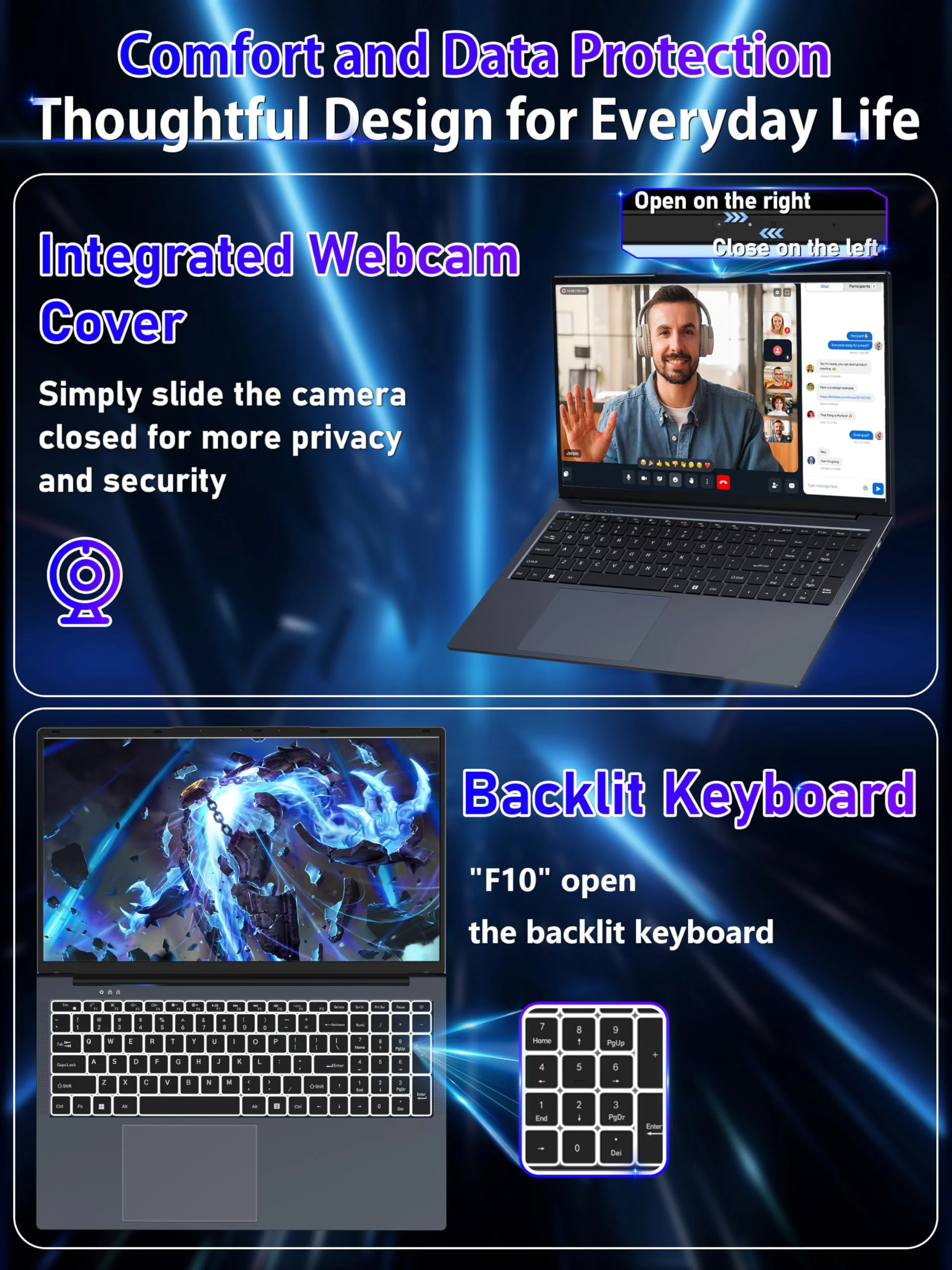 Fsjun 17,3 Zoll Laptop, N150(Beat N100 N97 N5095) bis zu 3,6 GHz, FHD IPS Display, 16 GB RAM, 960GB NVMe SSD, Beleuchtete Tastatur, großer Akku, HDMI, USB 3.0, Type-C, WLAN, PC - Image 2