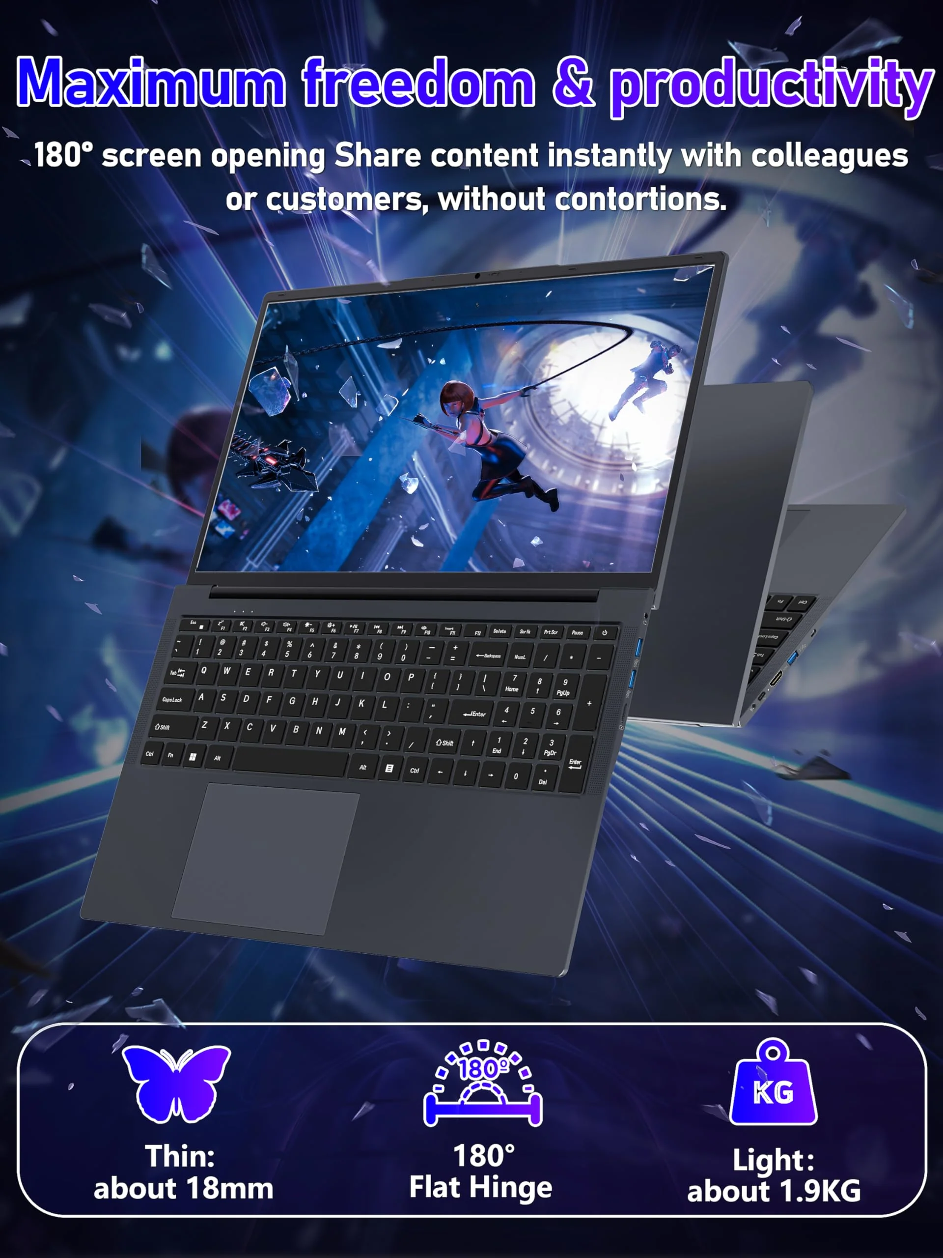 Fsjun 17,3 Zoll Laptop, N150(Beat N100 N97 N5095) bis zu 3,6 GHz, FHD IPS Display, 16 GB RAM, 960GB NVMe SSD, Beleuchtete Tastatur, großer Akku, HDMI, USB 3.0, Type-C, WLAN, PC - Image 4
