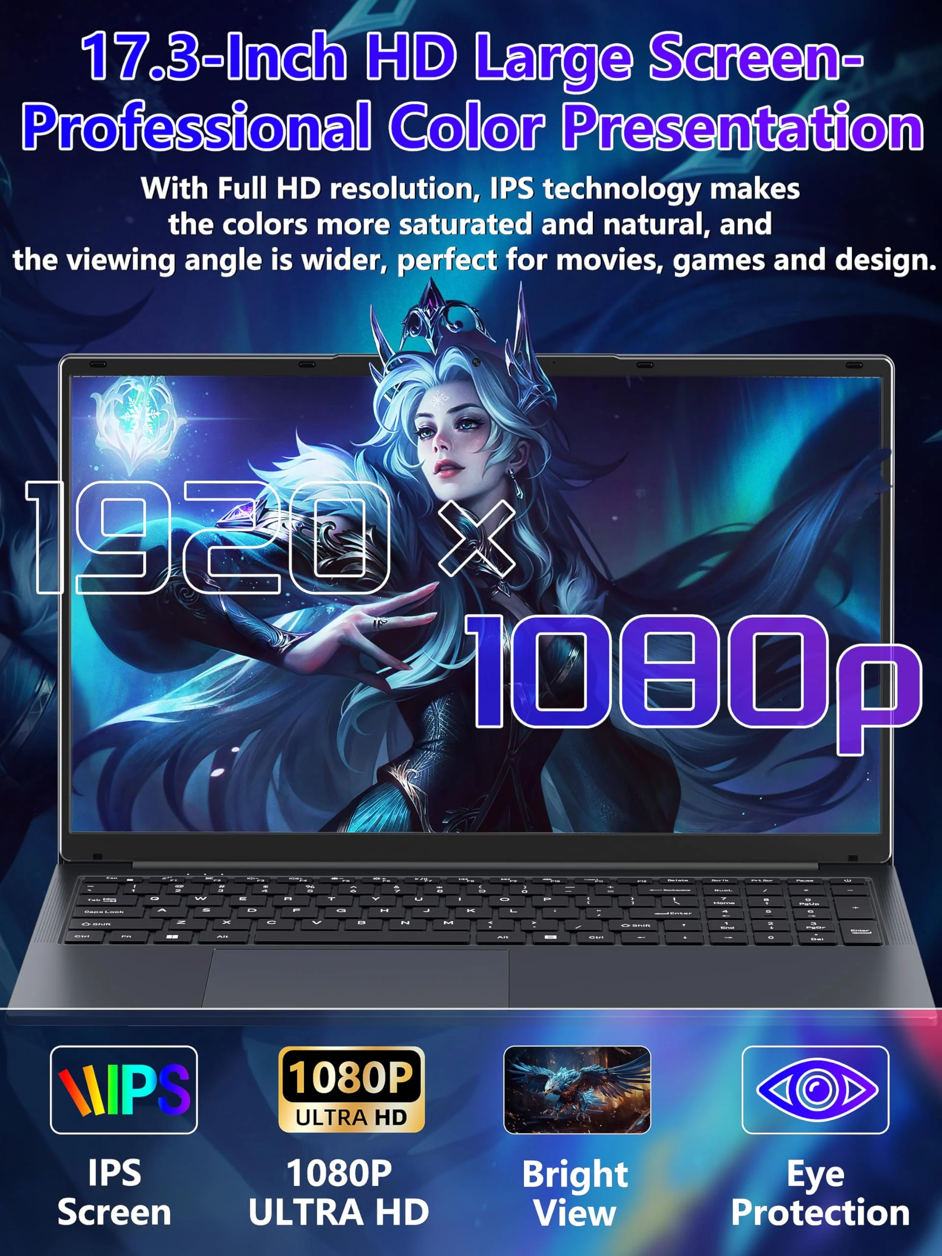 Fsjun 17,3 Zoll Laptop, N150(Beat N100 N97 N5095) bis zu 3,6 GHz, FHD IPS Display, 16 GB RAM, 960GB NVMe SSD, Beleuchtete Tastatur, großer Akku, HDMI, USB 3.0, Type-C, WLAN, PC - Image 7