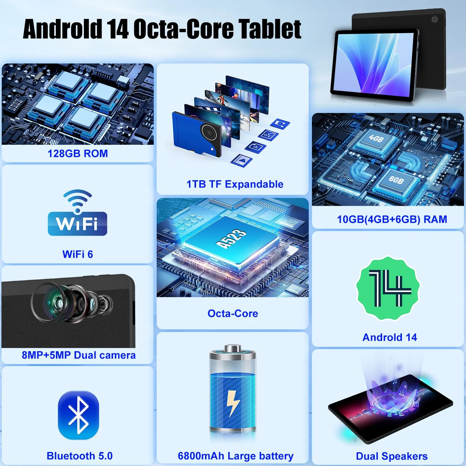 Fullant Tablet 11 Zoll, Android 14 Tablet with Octa Core 2.0GHz Prozessor, 10GB RAM 128GB ROM 1TB TF, 5G+2.4G WiFi 6, 8+5MP Dual Kamera, 6800mAh Akku, Bluetooth 5.0 (Schwarz) - Image 7