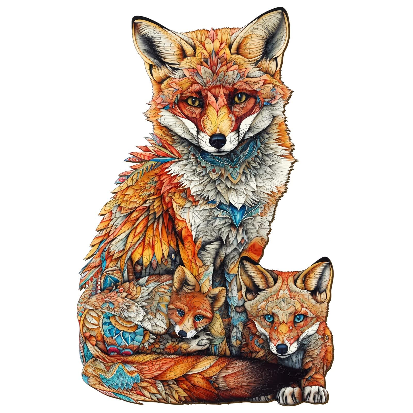 Funnli Holzpuzzle Erwachsene, 300 Stück Fox-Familie Holz Erwachsene, Wooden Puzzle Einzigartige Form Puzzleteile, Puzzle Holz 14+ mit Geschenkbox aus Holz(L-18.3 * 11.8in)